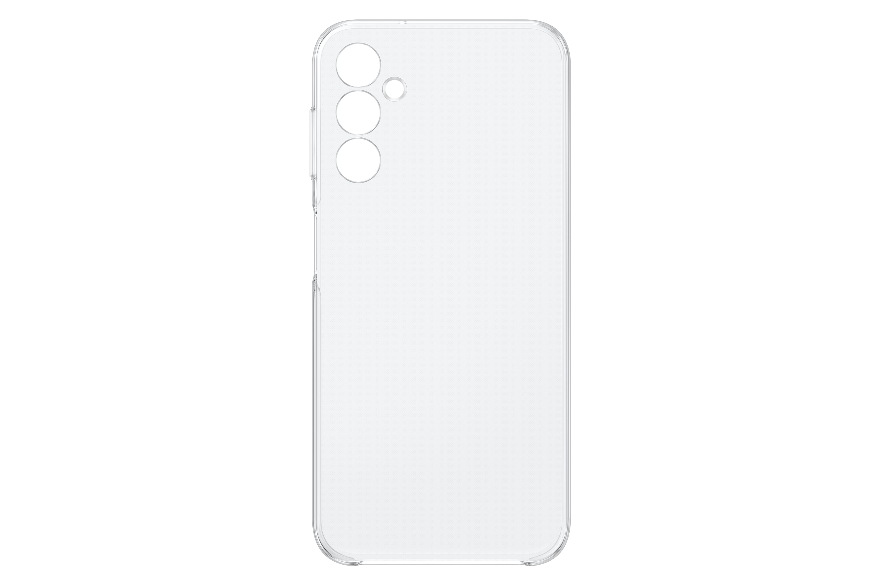Funda transparente para teléfono con recortes para cámara sobre una superficie blanca.