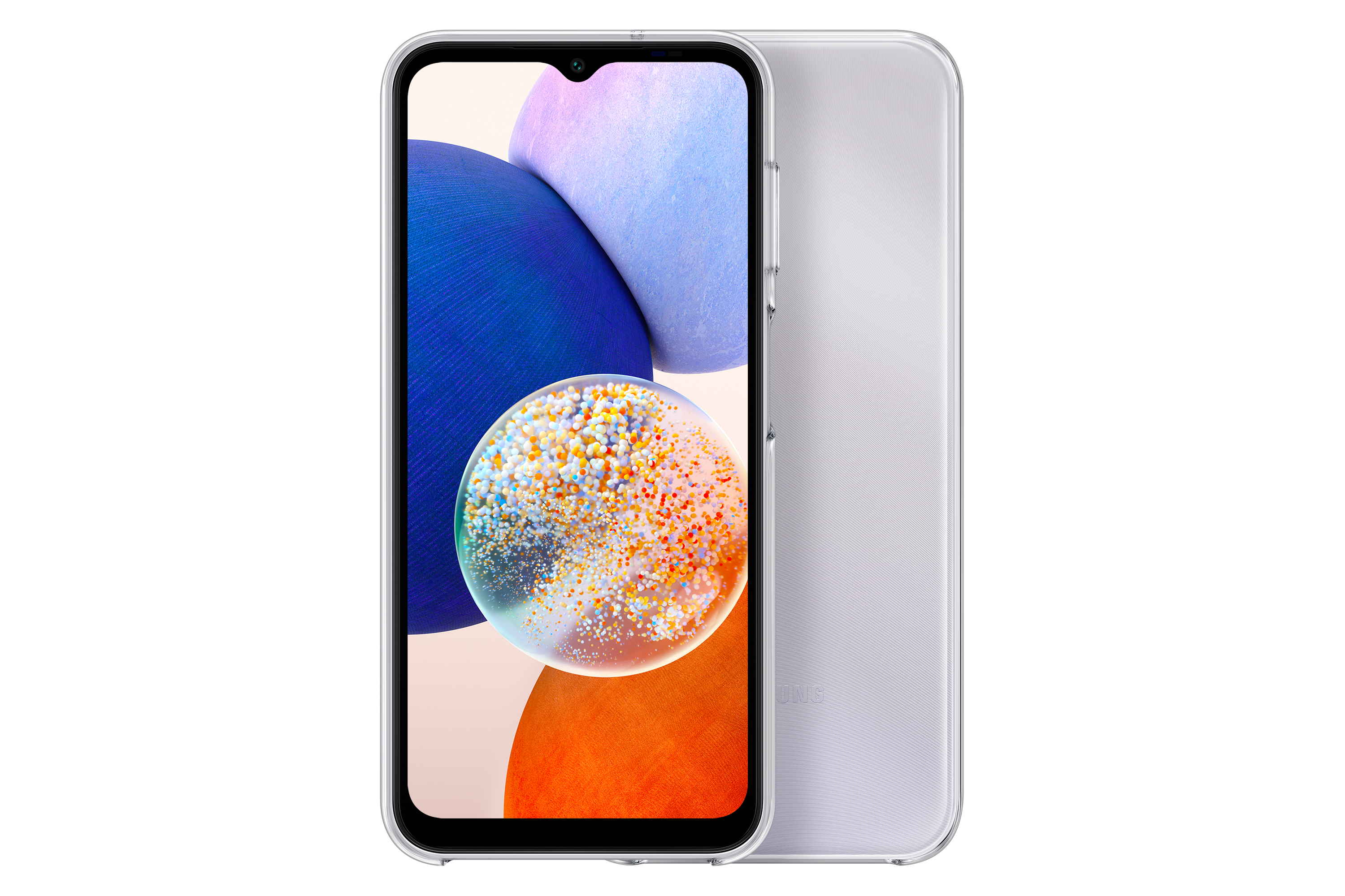 Teléfono blanco con pantalla que muestra un diseño colorido. El teléfono tiene una funda transparente.