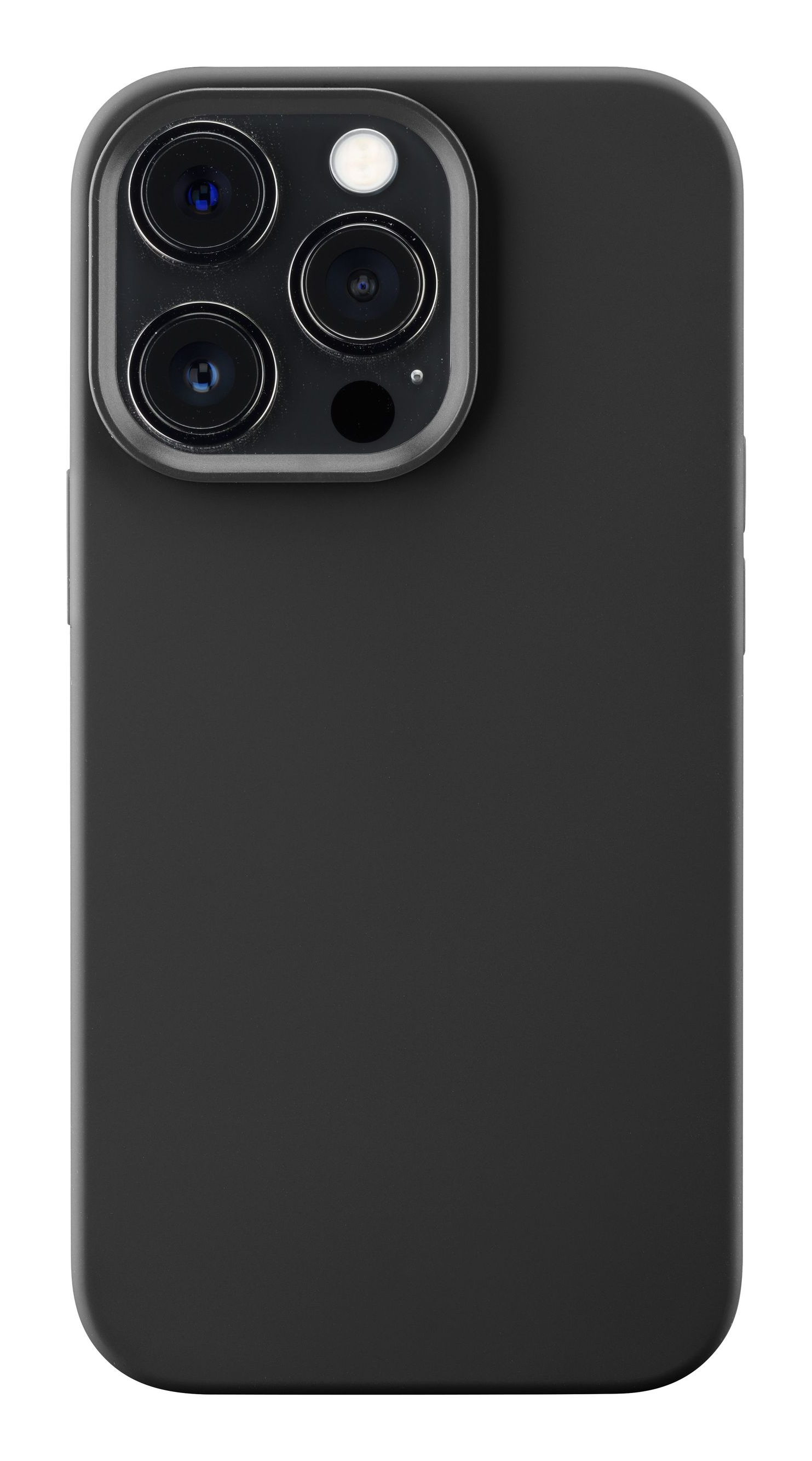 Funda negra para teléfono con protuberancia de la cámara. La funda cubre la parte trasera del teléfono. El teléfono es negro.
