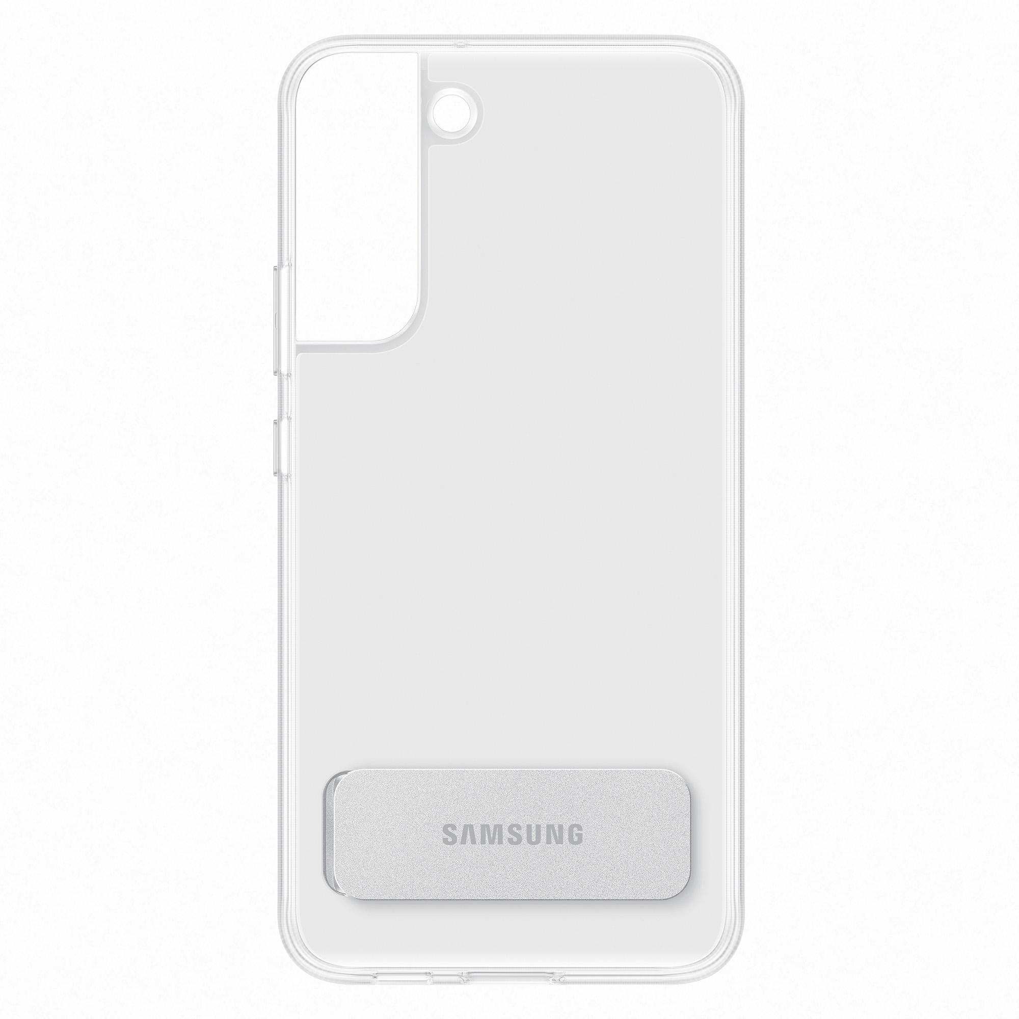 Eine transparente Handyhülle mit Ständer und Samsung-Logo, vor weißem Hintergrund.