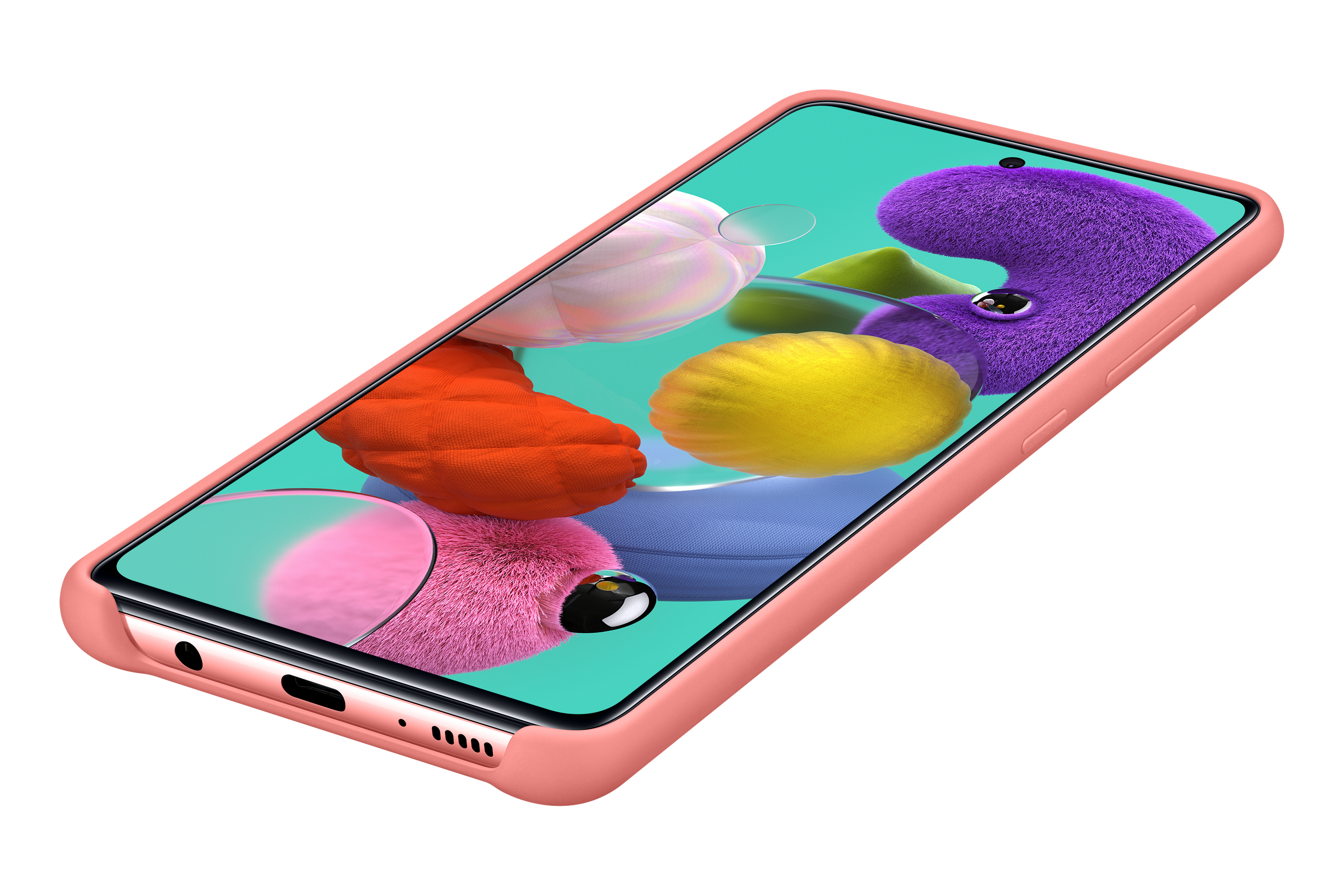 Custodia rosa per telefono con telefono dentro. Lo schermo mostra un'immagine astratta colorata.