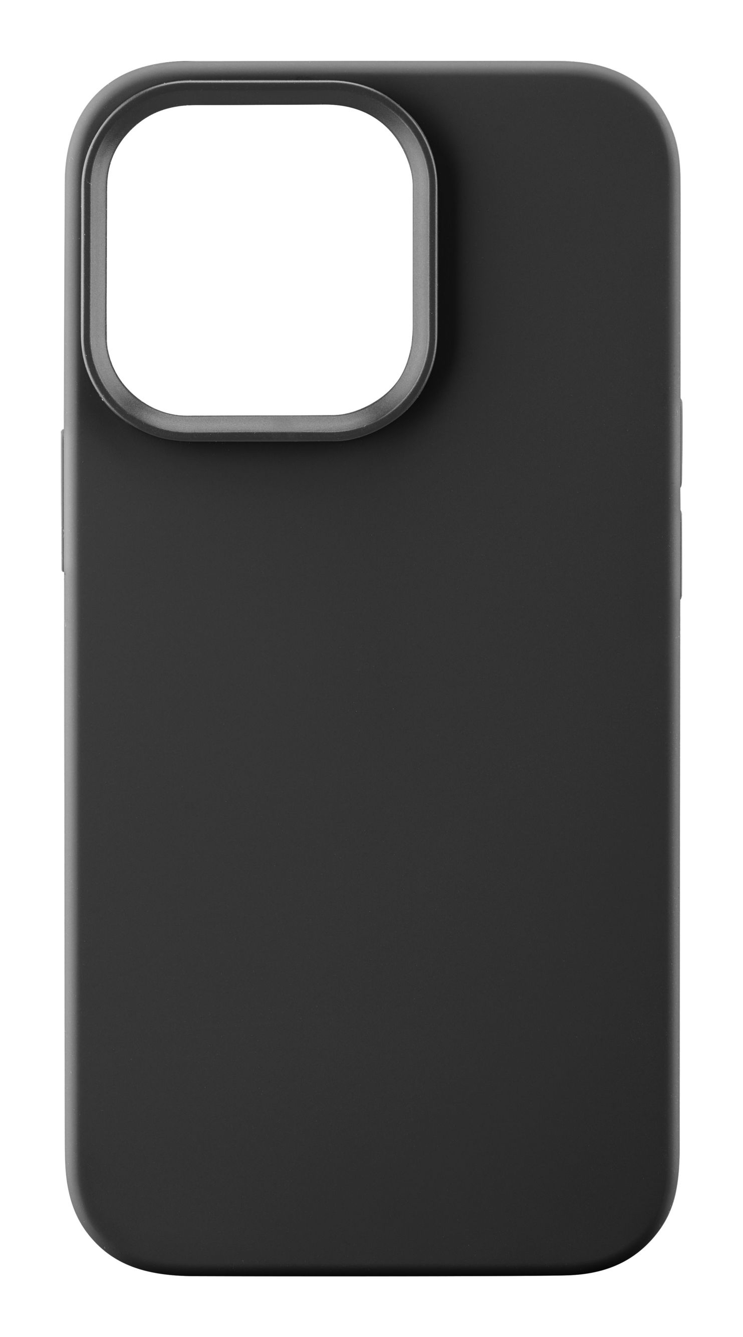 Una funda de teléfono negra. La funda tiene un gran recorte cuadrado para la cámara.