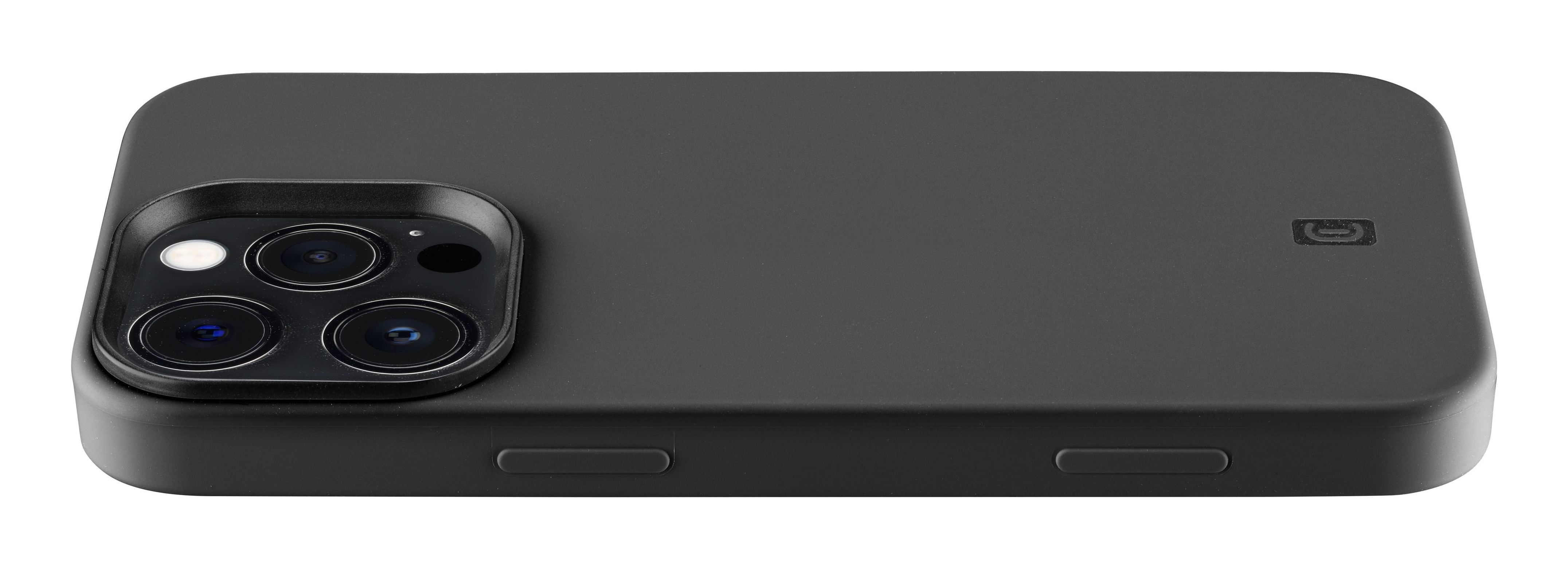Funda de teléfono negra con cámara triple, vista lateral. Fondo blanco.
