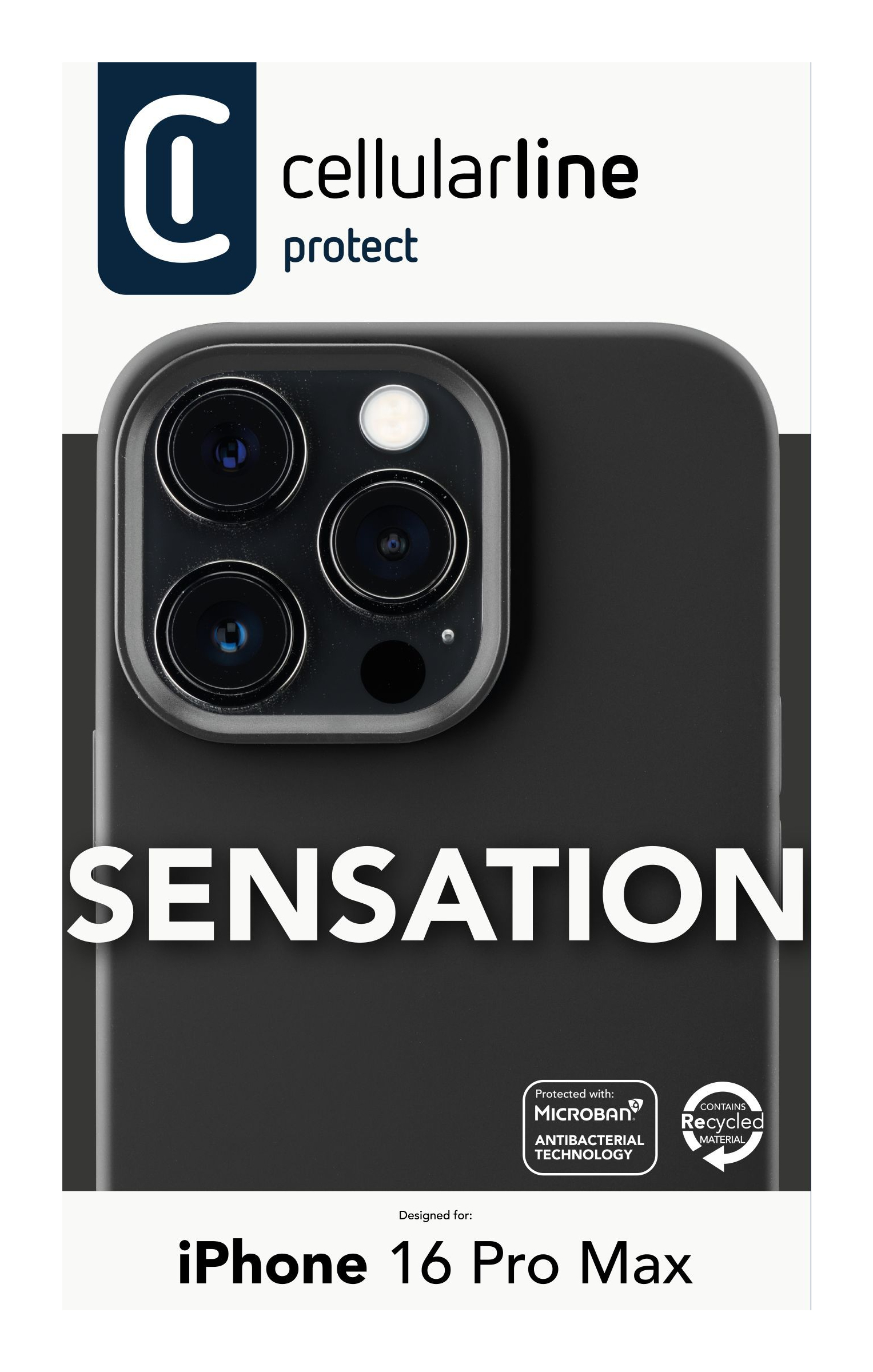 Funda negra para teléfono con lentes de cámara y la palabra SENSATION. Marca: cellularline protect.