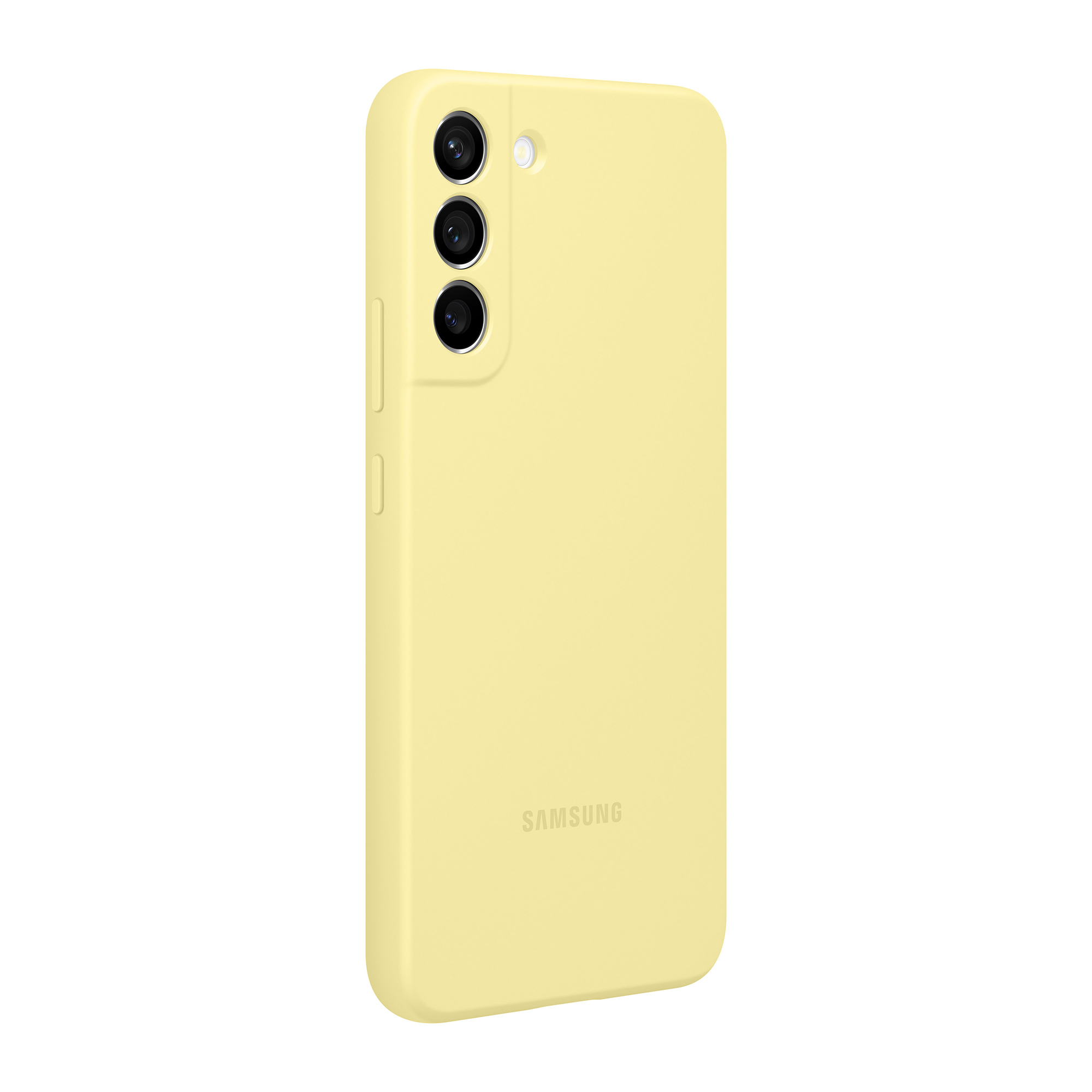 Gelbe Handyhülle mit drei Kameras und Samsung-Logo.