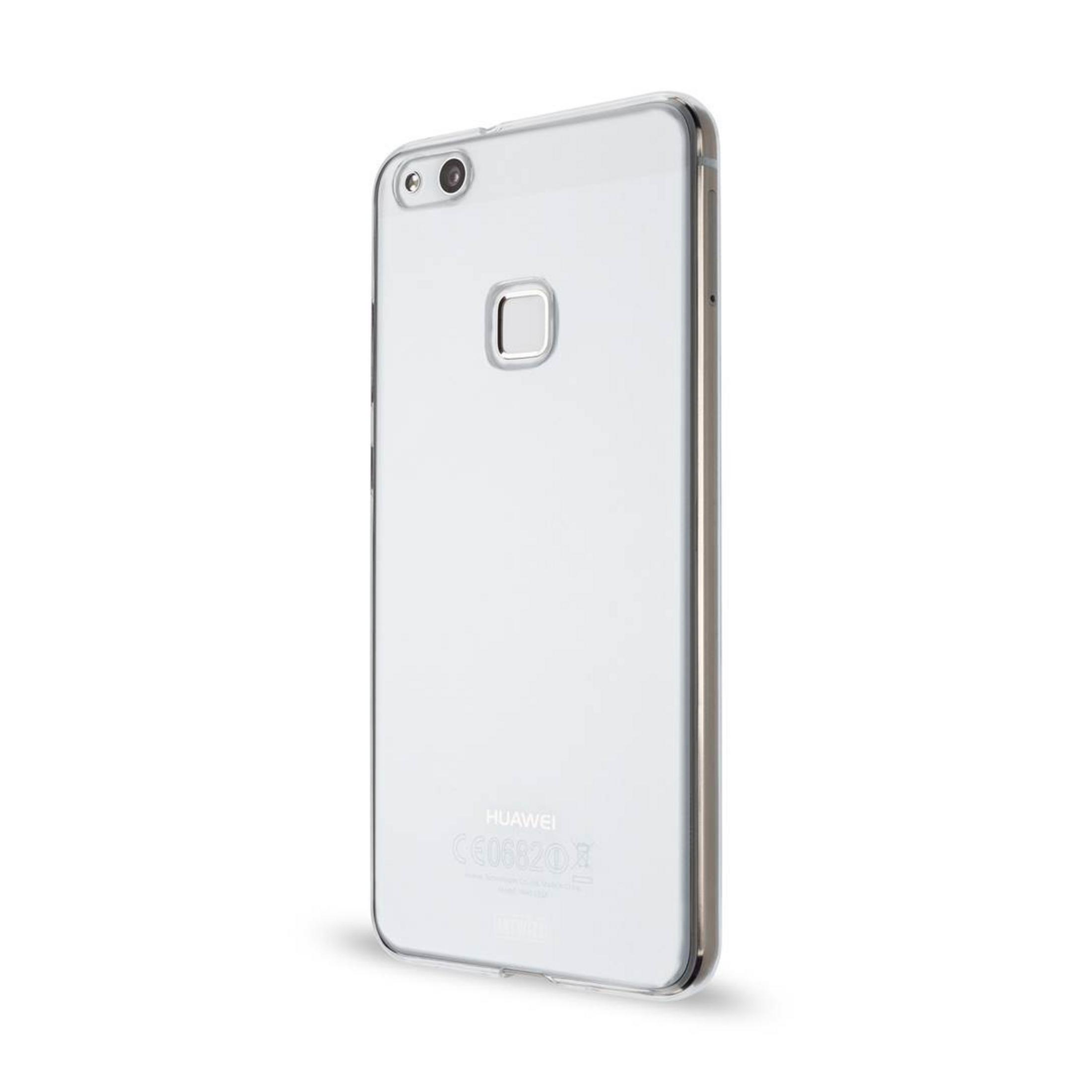 Un telefono Huawei bianco visto da dietro. Ha una fotocamera e un sensore di impronte digitali.