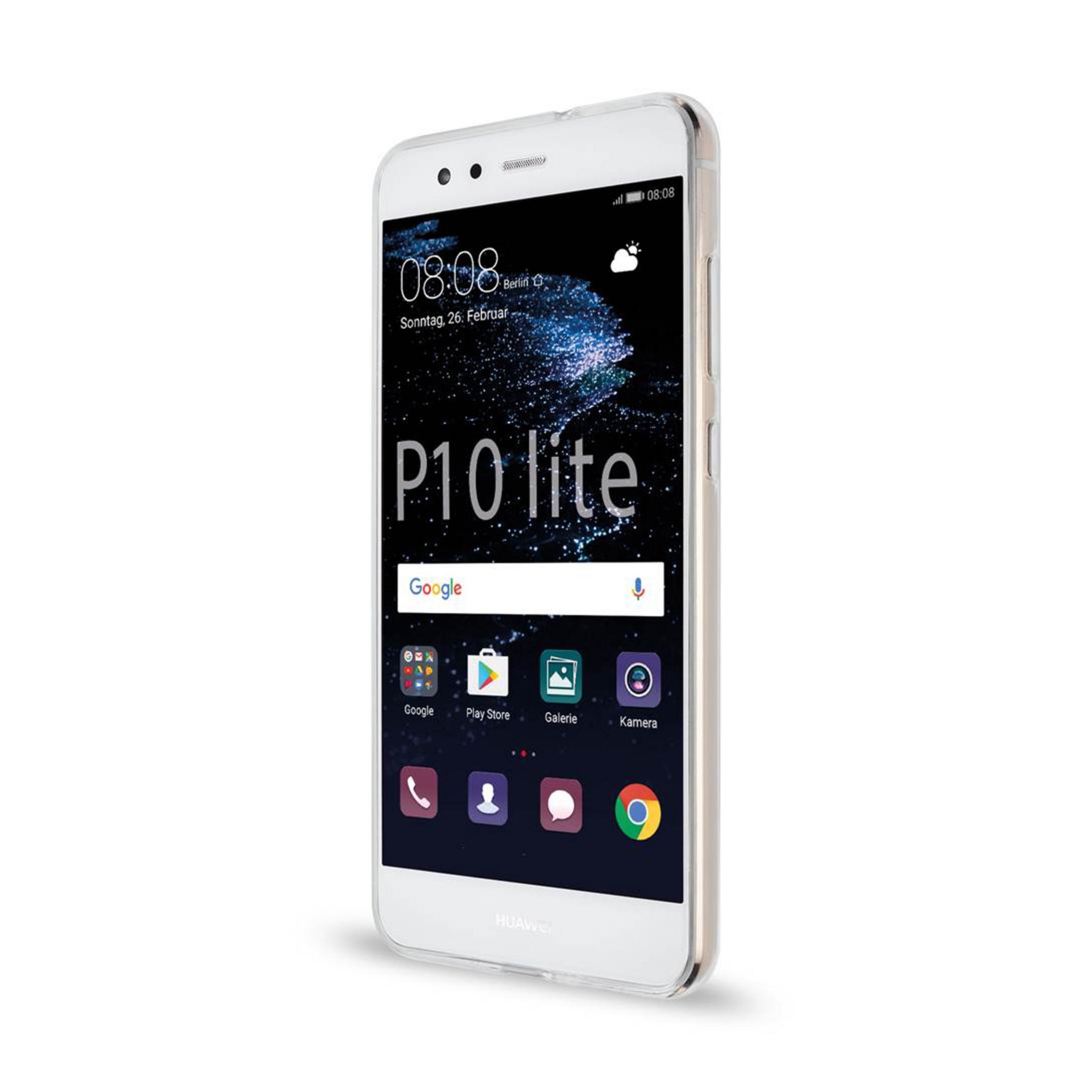 Smartphone in una custodia trasparente che mostra la schermata iniziale con Google e icone delle app.