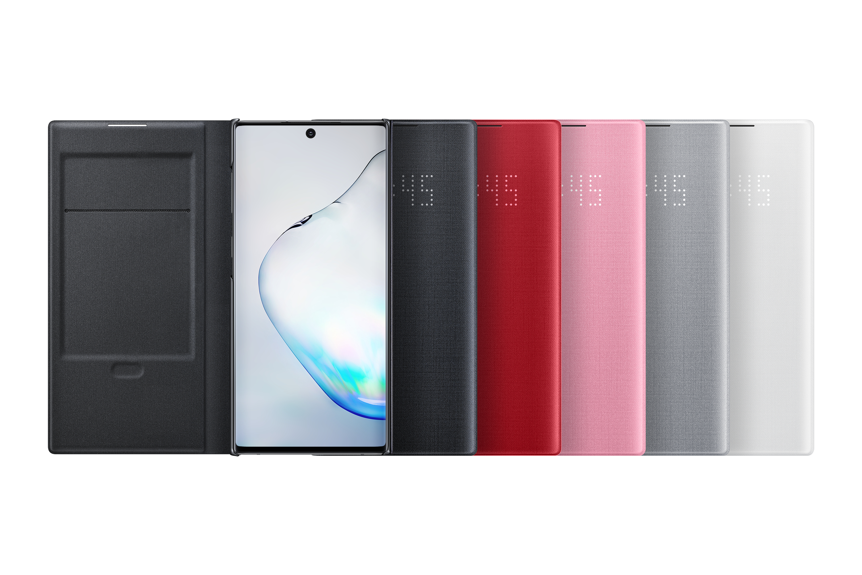 Telefon mit Hülle in verschiedenen Farben: Schwarz, Rot, Pink, Grau und Weiß.