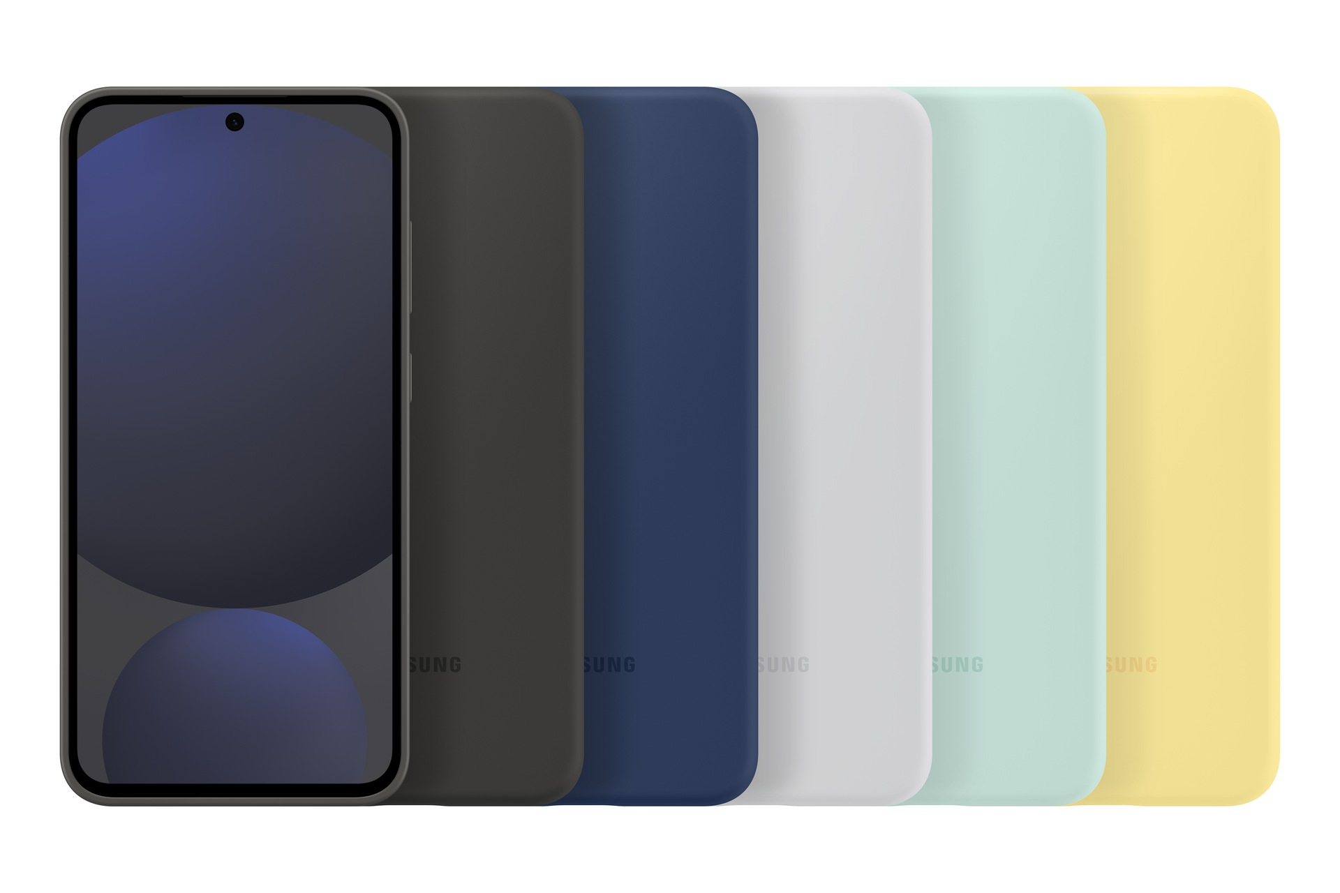 Een smartphone met een donker scherm naast een rij gekleurde telefoonhoesjes: zwart, blauw, wit, mint en geel.