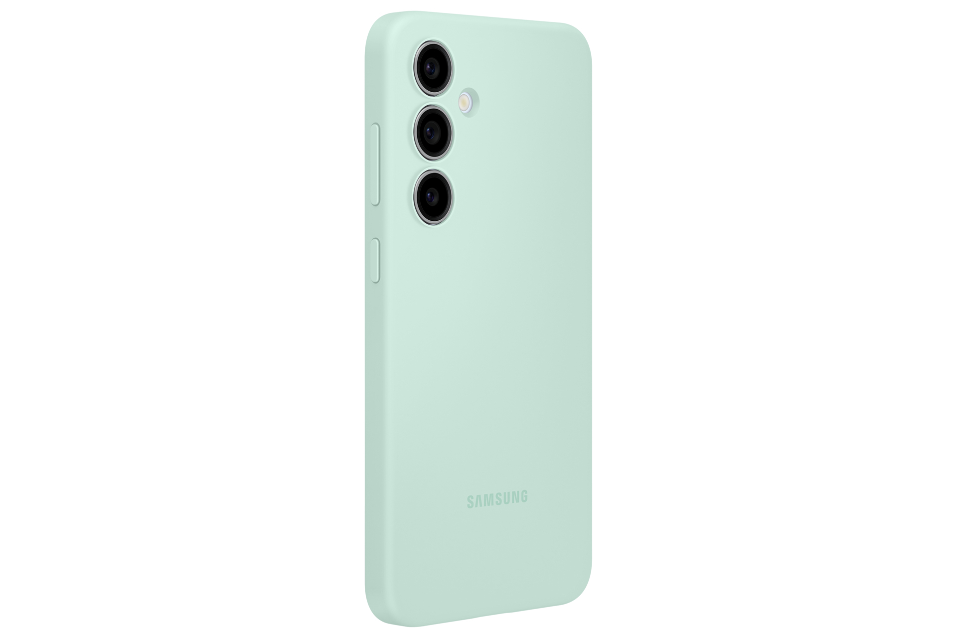 Mintgroene Samsung telefoonhoes, achteraanzicht, met cameralenzen en Samsung logo.
