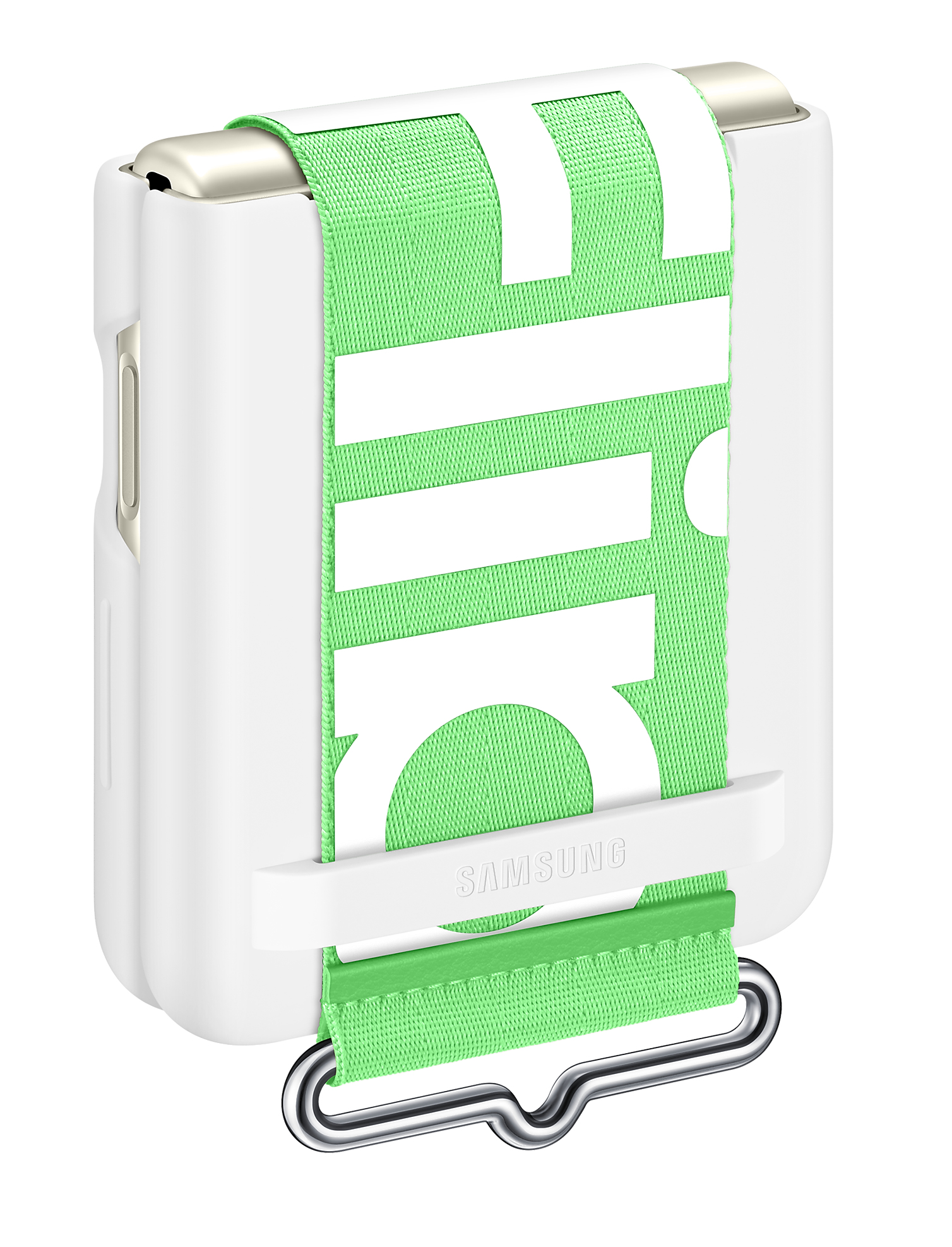 Białe etui z zielonym paskiem. Pasek ma napis „flip”.