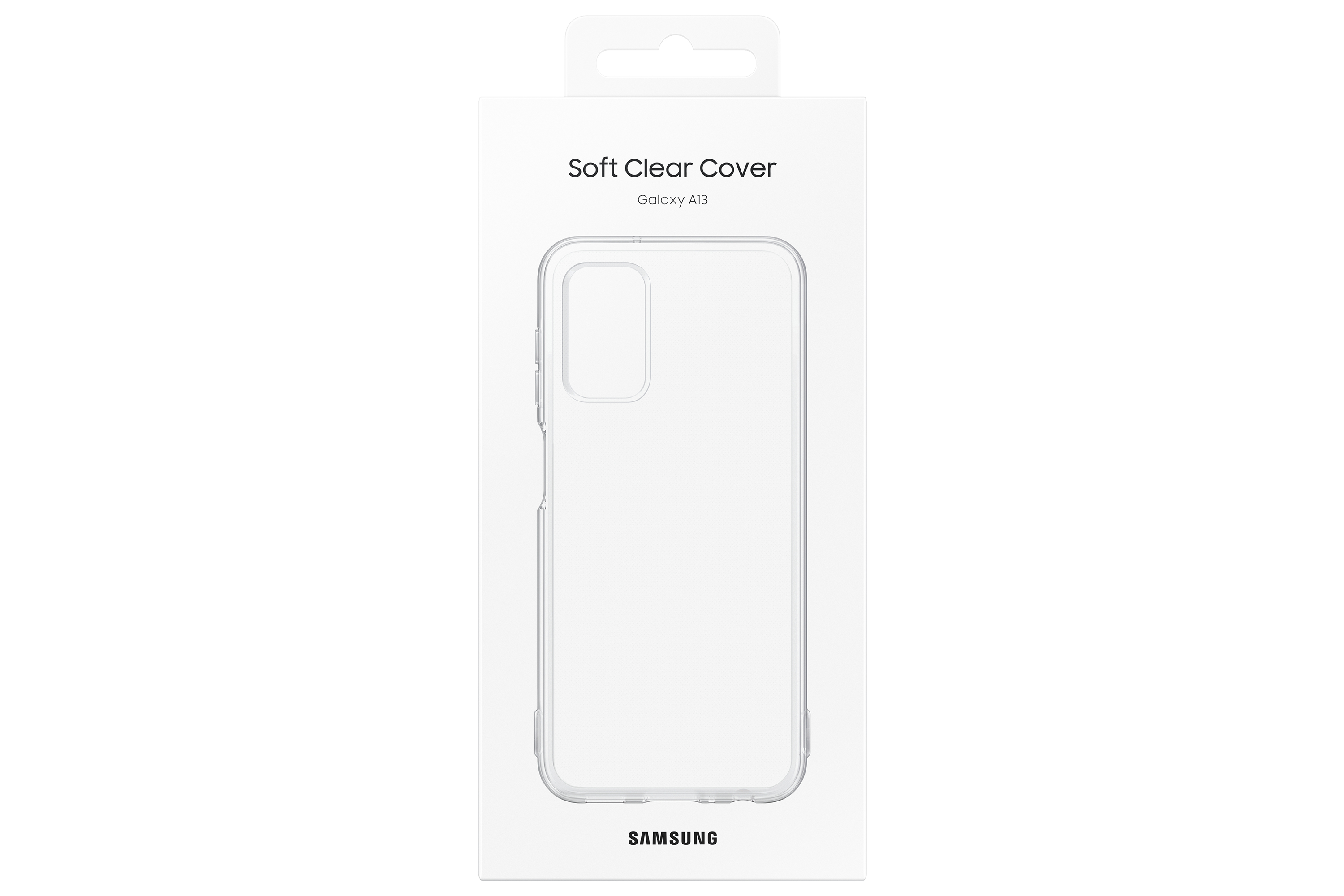 A clear phone case in a white box with the Samsung logo.