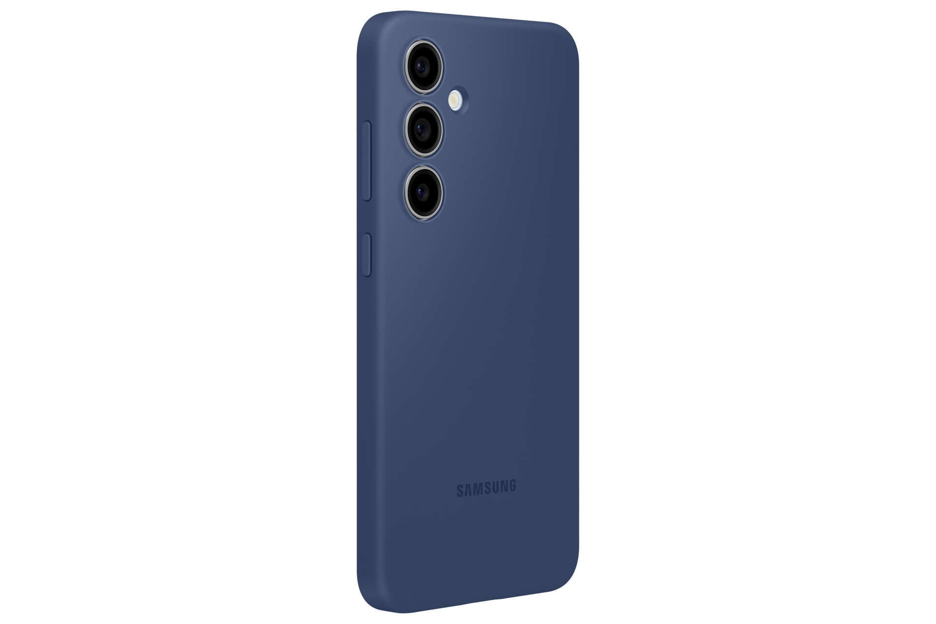 Eine blaue Handyhülle mit Samsung-Logo. Drei Kameralinsen sind auf der Rückseite sichtbar.