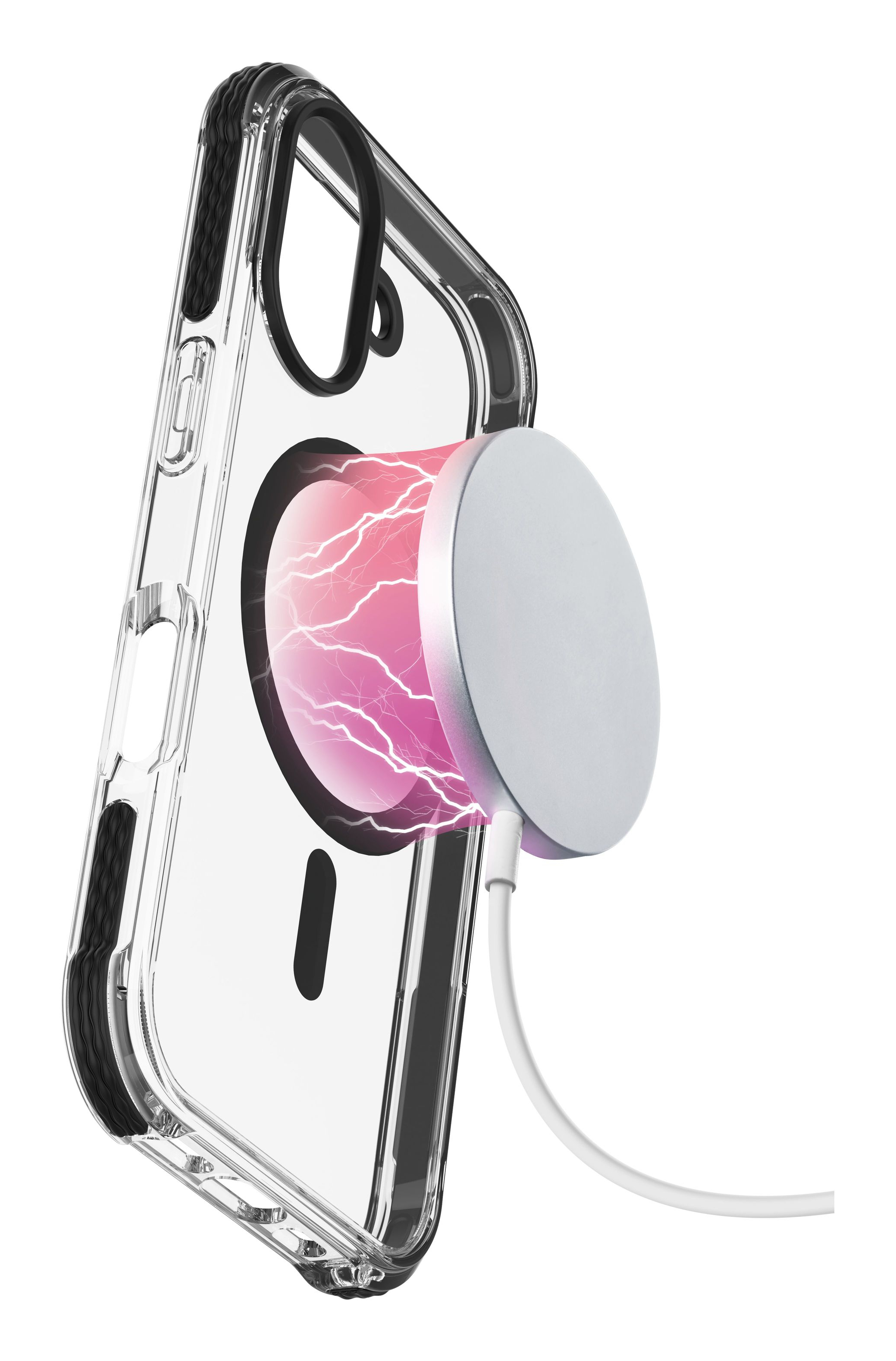 Una funda transparente para teléfono con un componente de carga magnética. El teléfono se está cargando de forma inalámbrica.