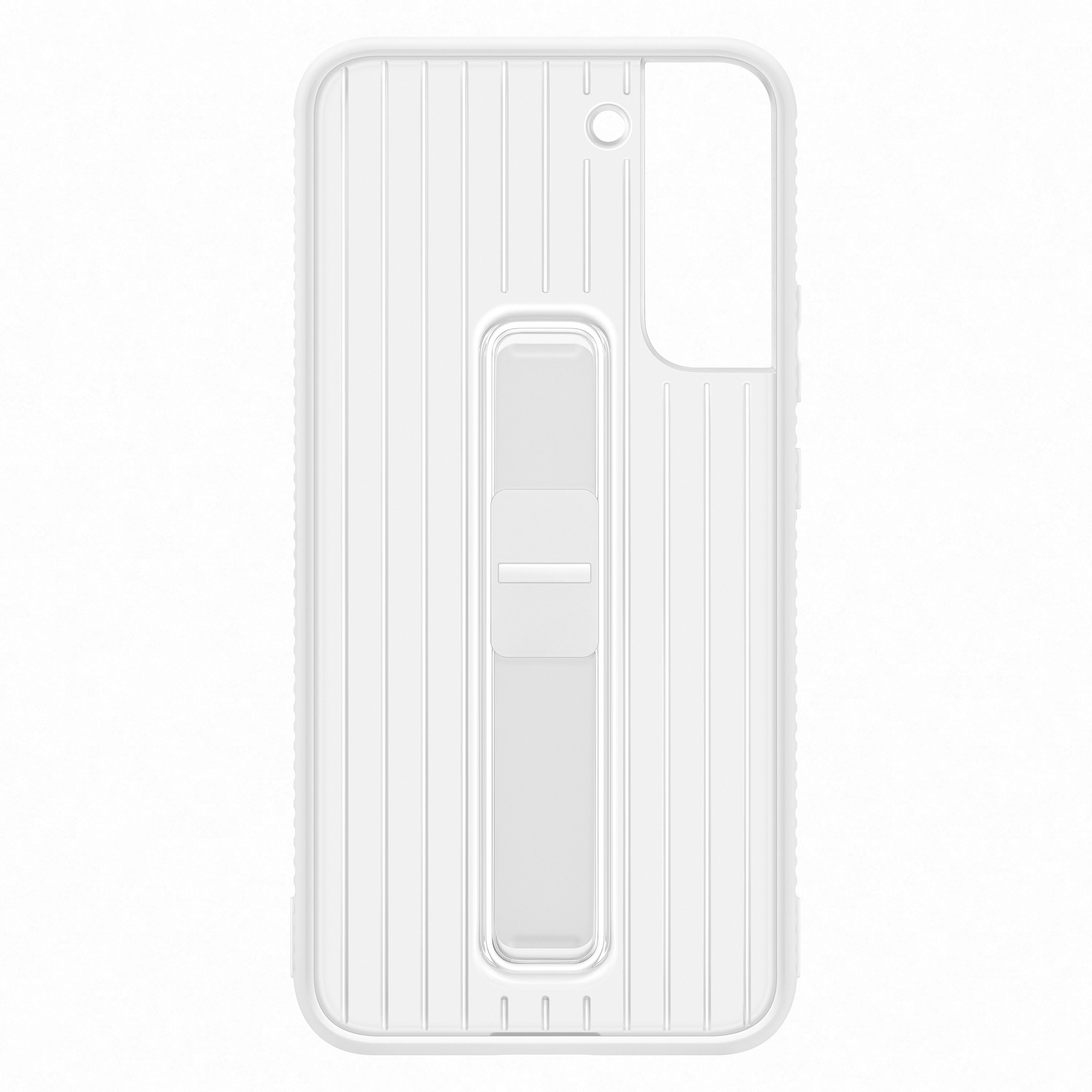 Coque de téléphone blanche avec support, avec un design transparent et minimaliste.