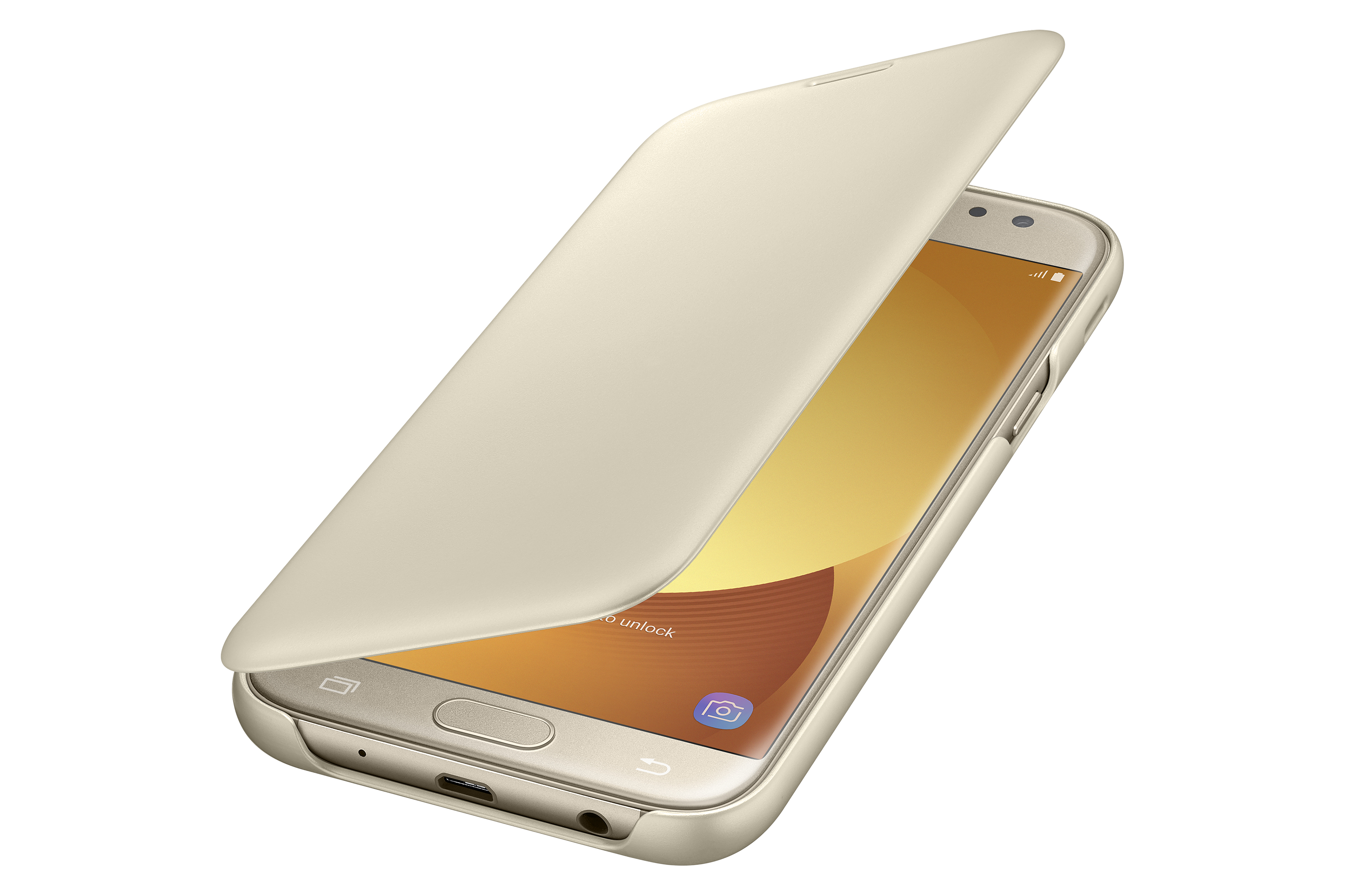 Teléfono beige con tapa abierta. El teléfono es dorado en los bordes, se muestra la pantalla. Fondo: blanco.