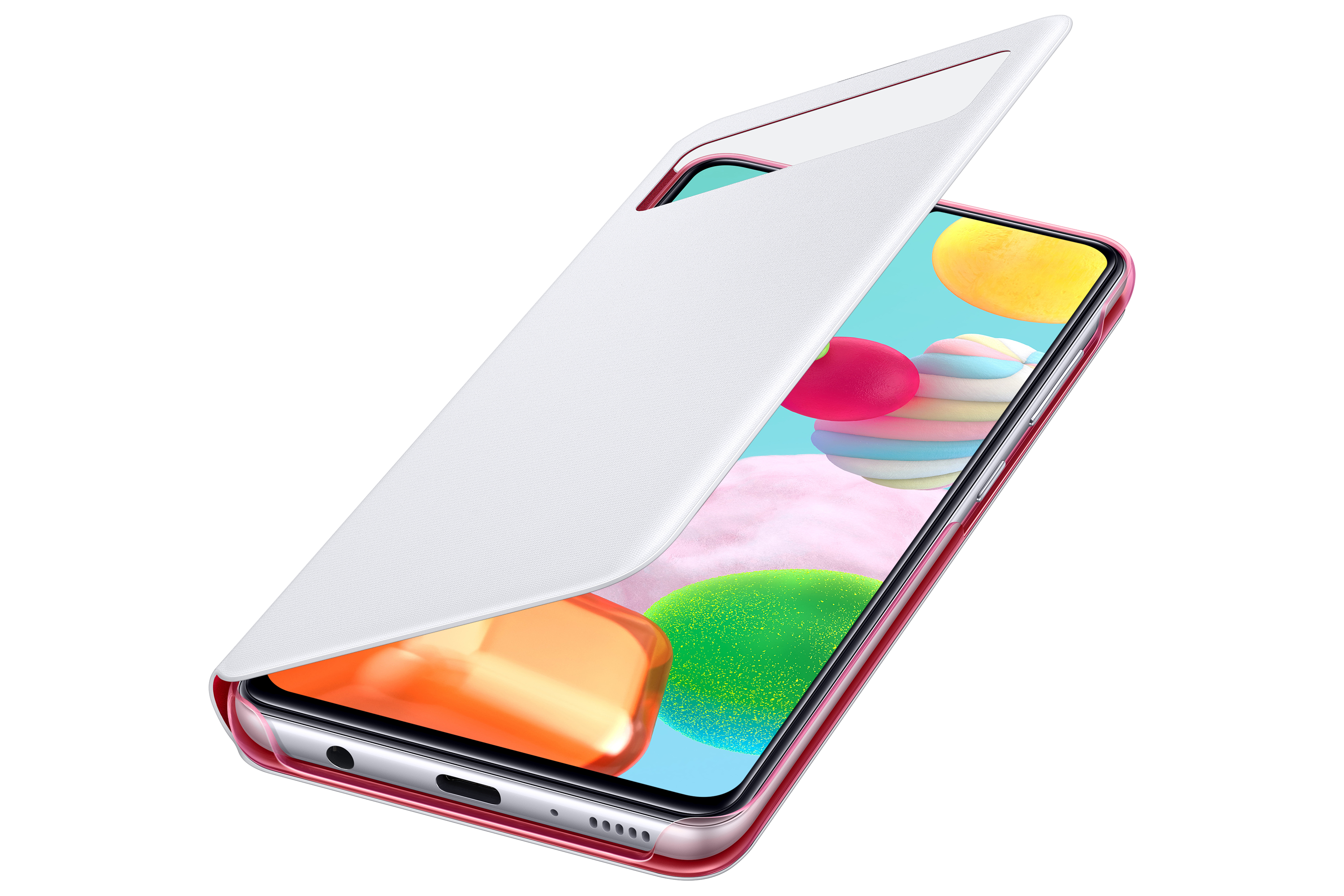 Una custodia bianca per telefono, parzialmente aperta, che rivela un telefono rosa con accenti colorati.