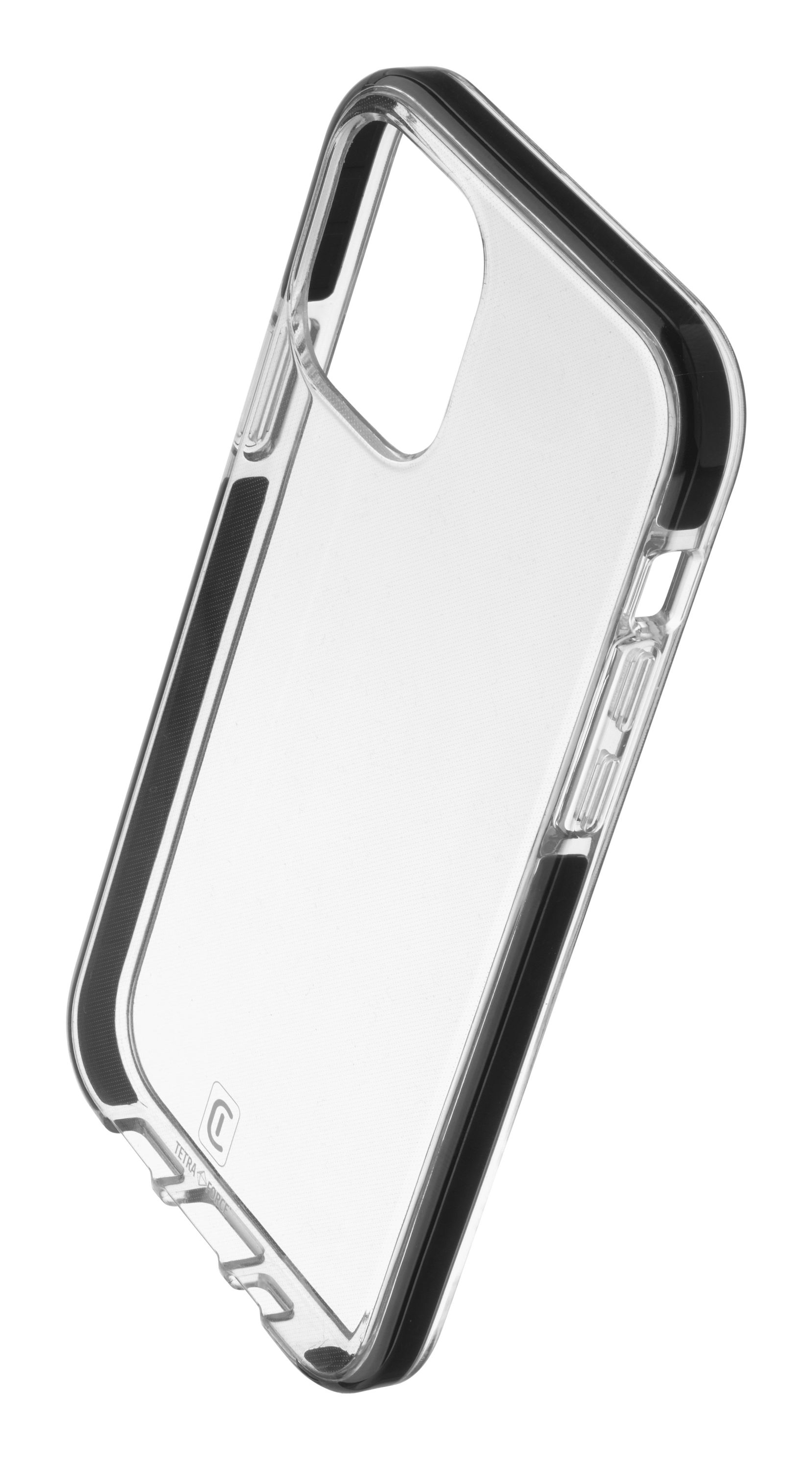 Transparente Handyhülle. Transparentes Plastik mit schwarzen Kanten und erhabenem Design an den Seiten.