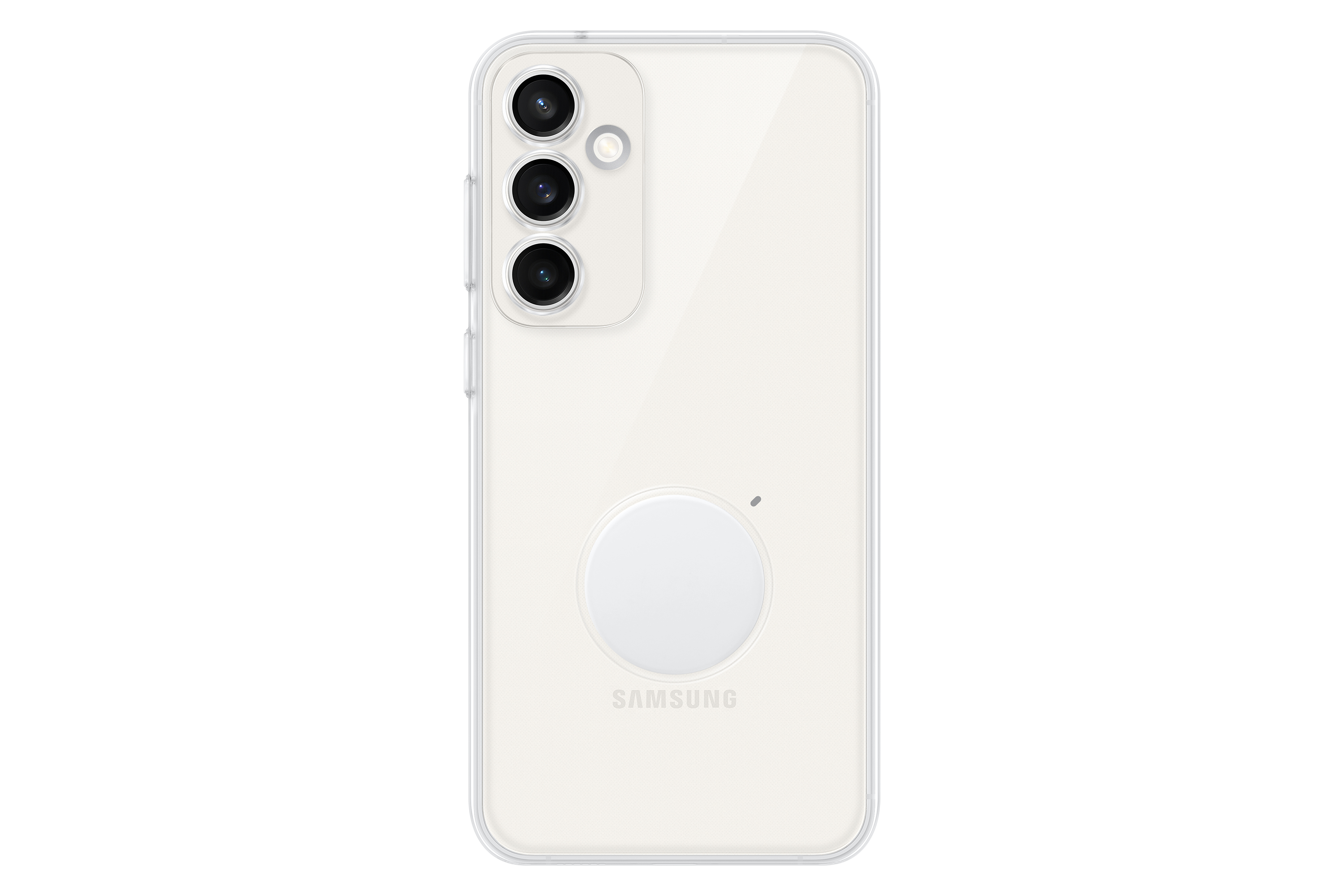 Een witte telefoon met een transparante hoes en een witte, ronde oplaadpad op de achterkant.