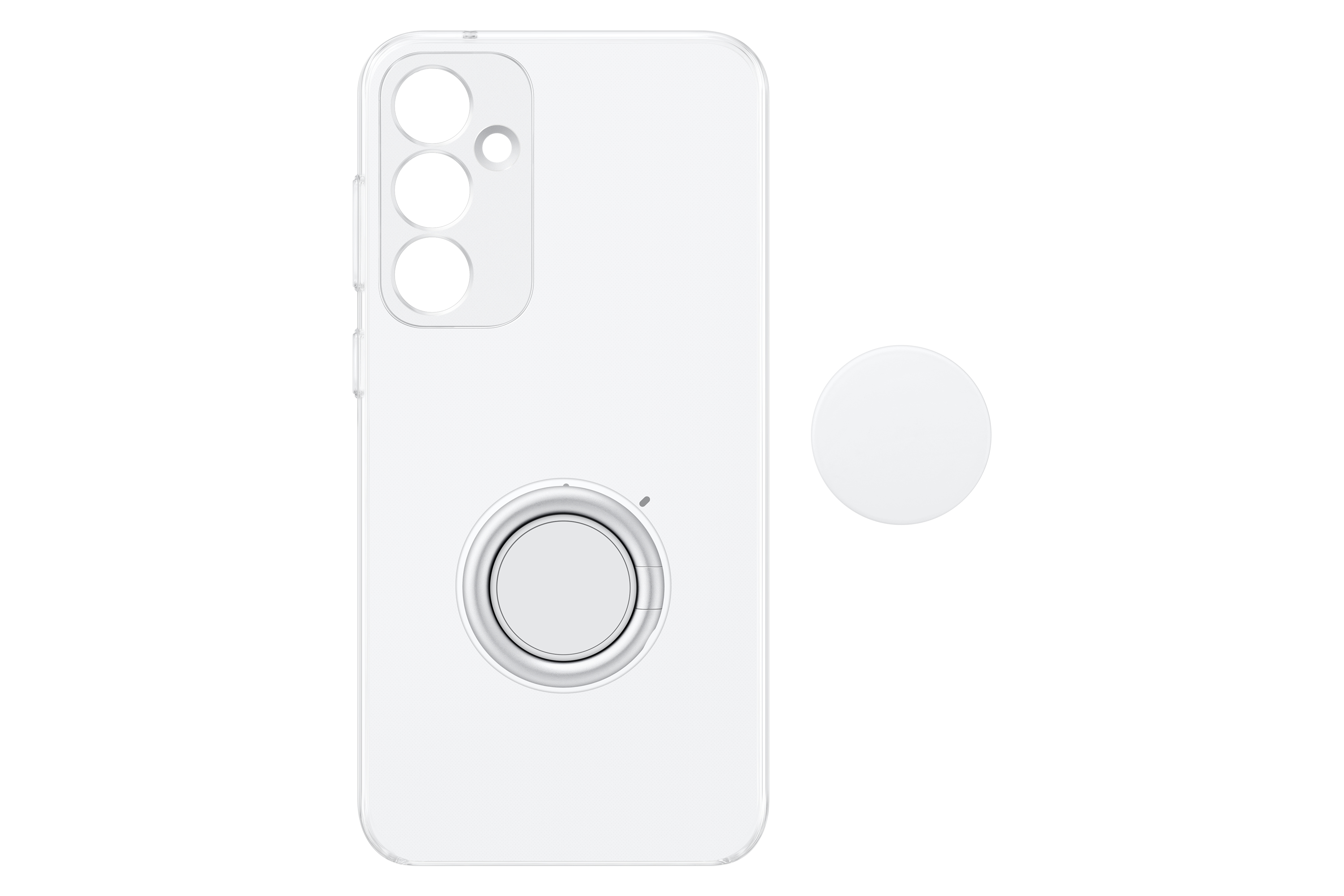 Witte telefoonhoes met drie camera-uitsparingen en een ringhouder.