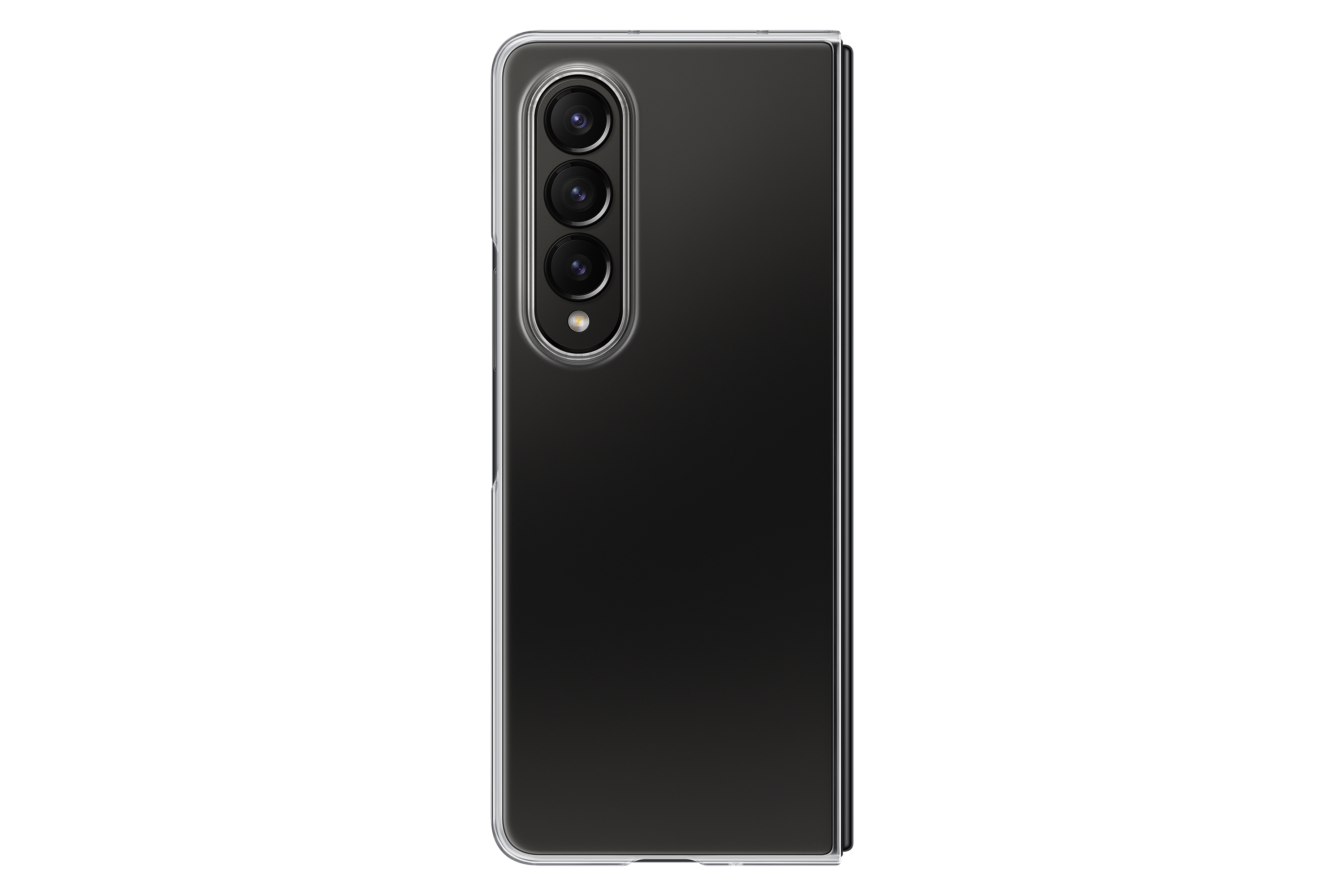 Zwarte opvouwbare smartphone met drie camera's achterop, doorzichtige hoes. Witte achtergrond.