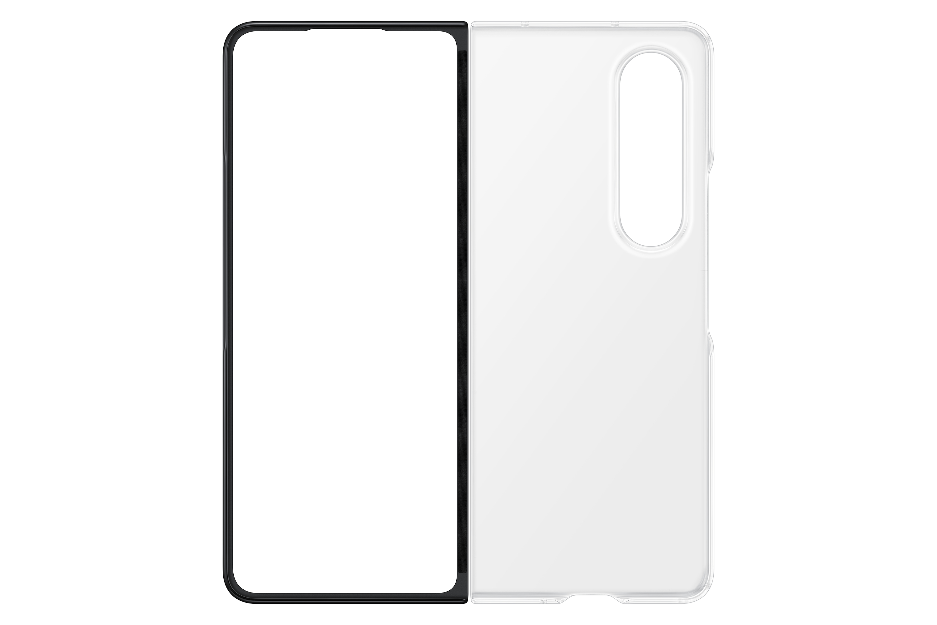 Transparante telefoonhoes met een zwart frame, open om het scherm van de telefoon te tonen.