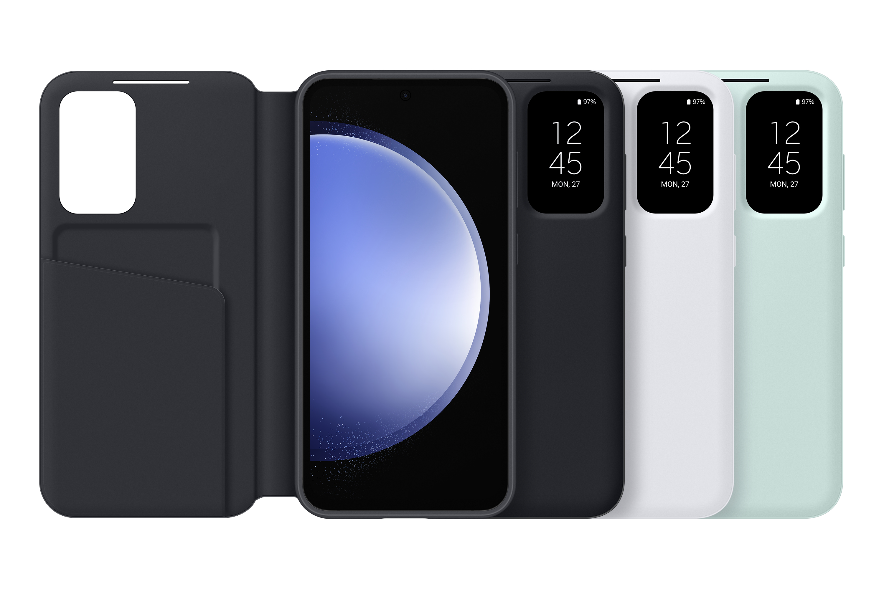 Quattro custodie per smartphone in diversi colori: blu navy, nero, bianco e verde.