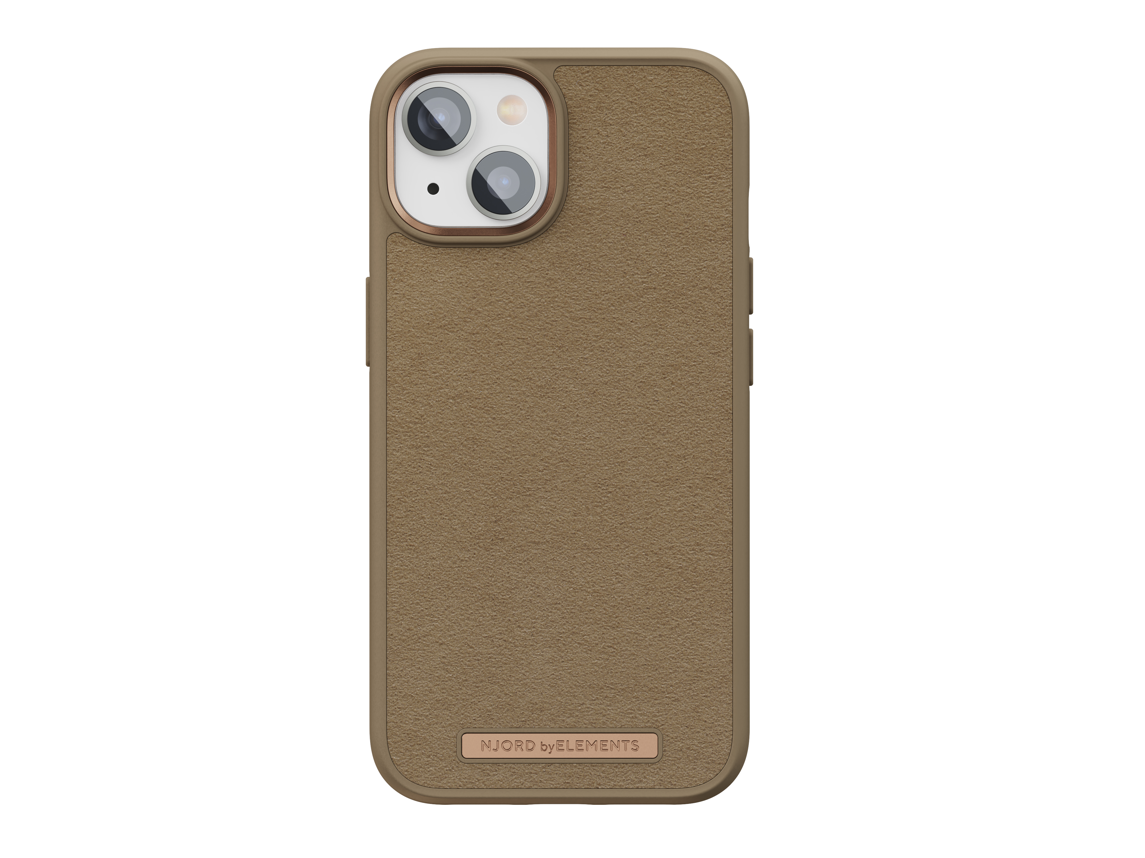 Ein Telefon in einer braunen Hülle mit Kamera und Logo 'NJORD by ELEMENTS'.