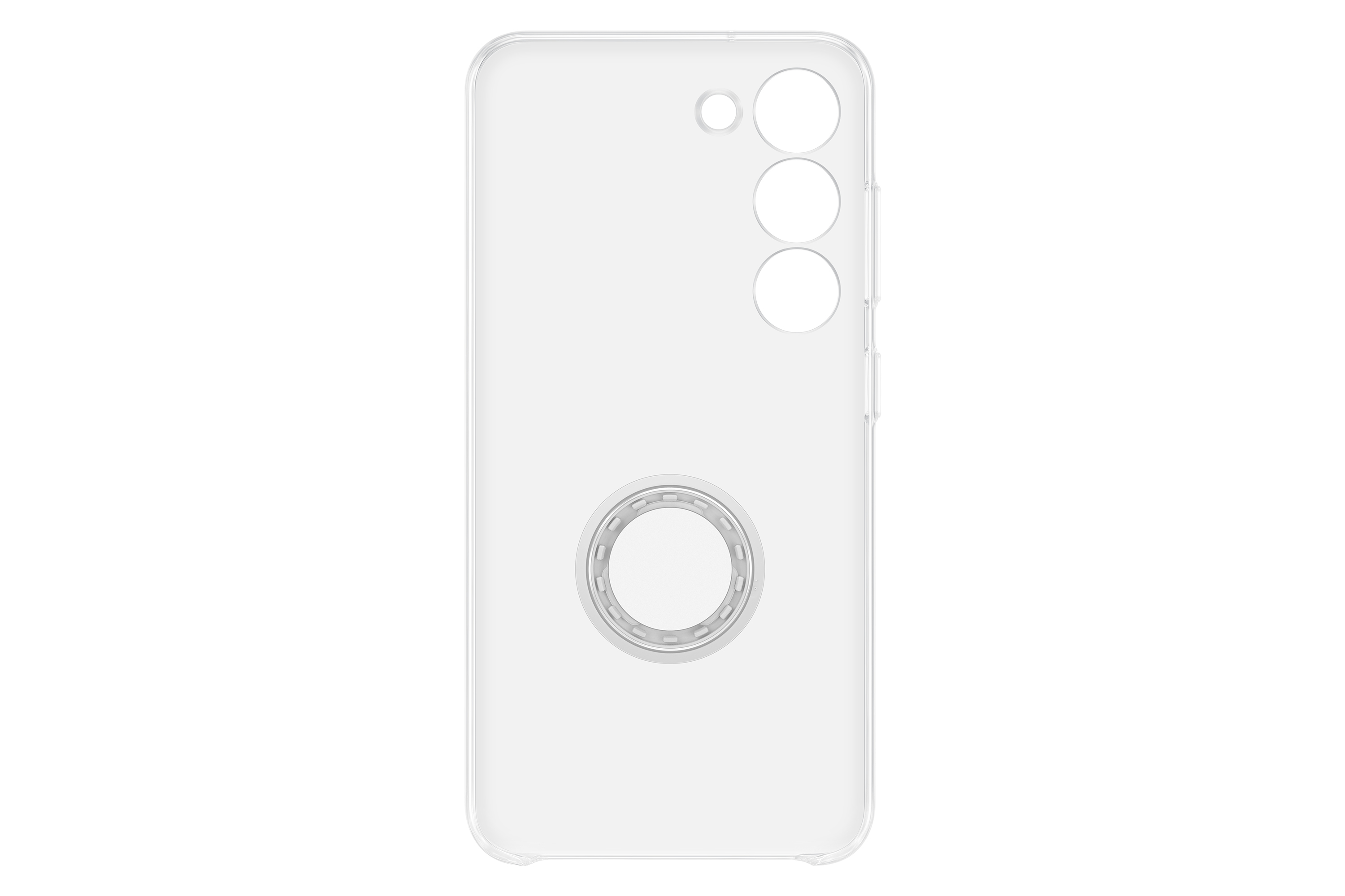 Een doorzichtig telefoonhoesje met een ringhouder op de achterkant. De hoes ligt op een wit oppervlak.