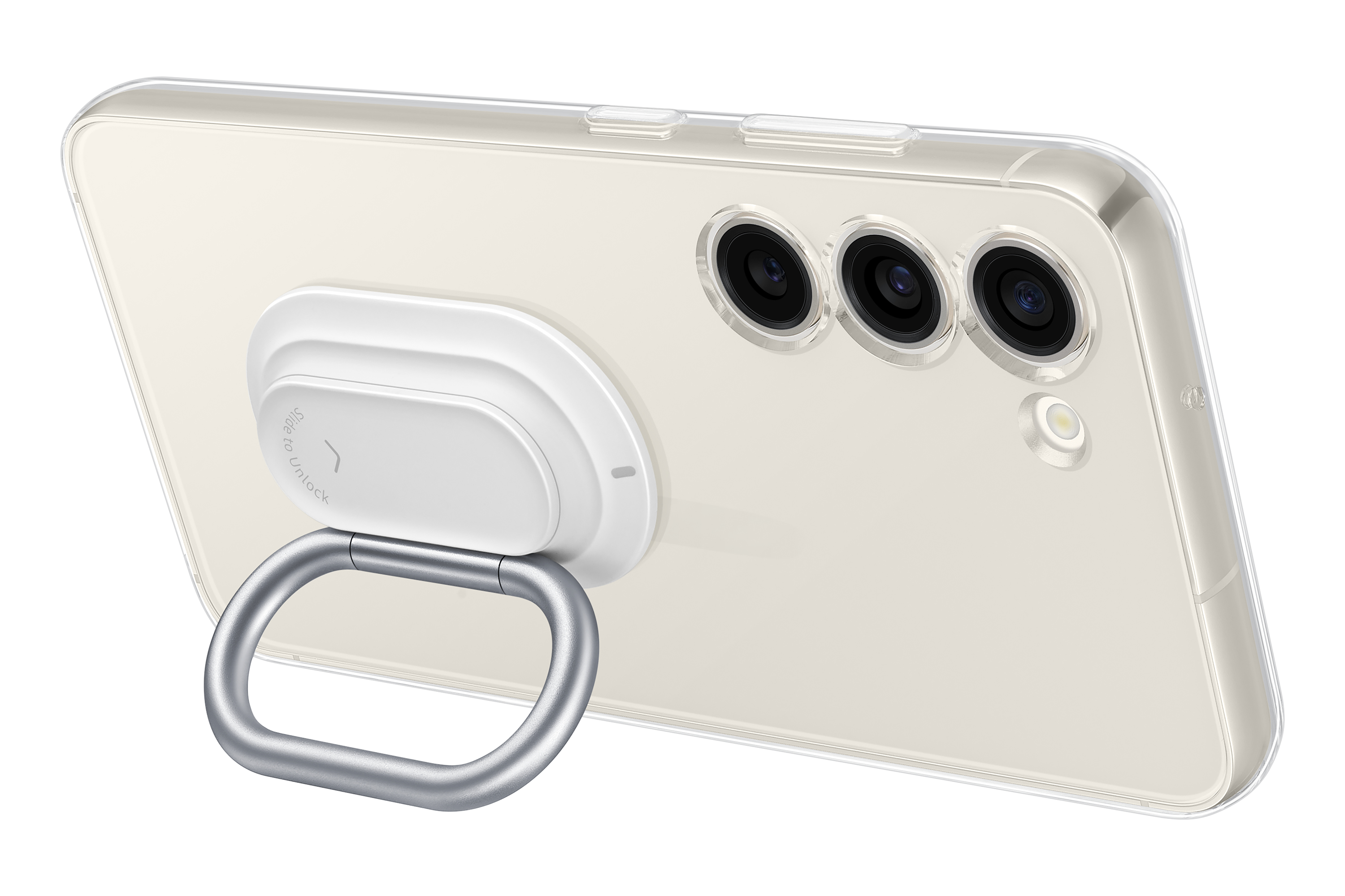 Telefoon met een ringhouder bevestigd. Witte achtergrond.