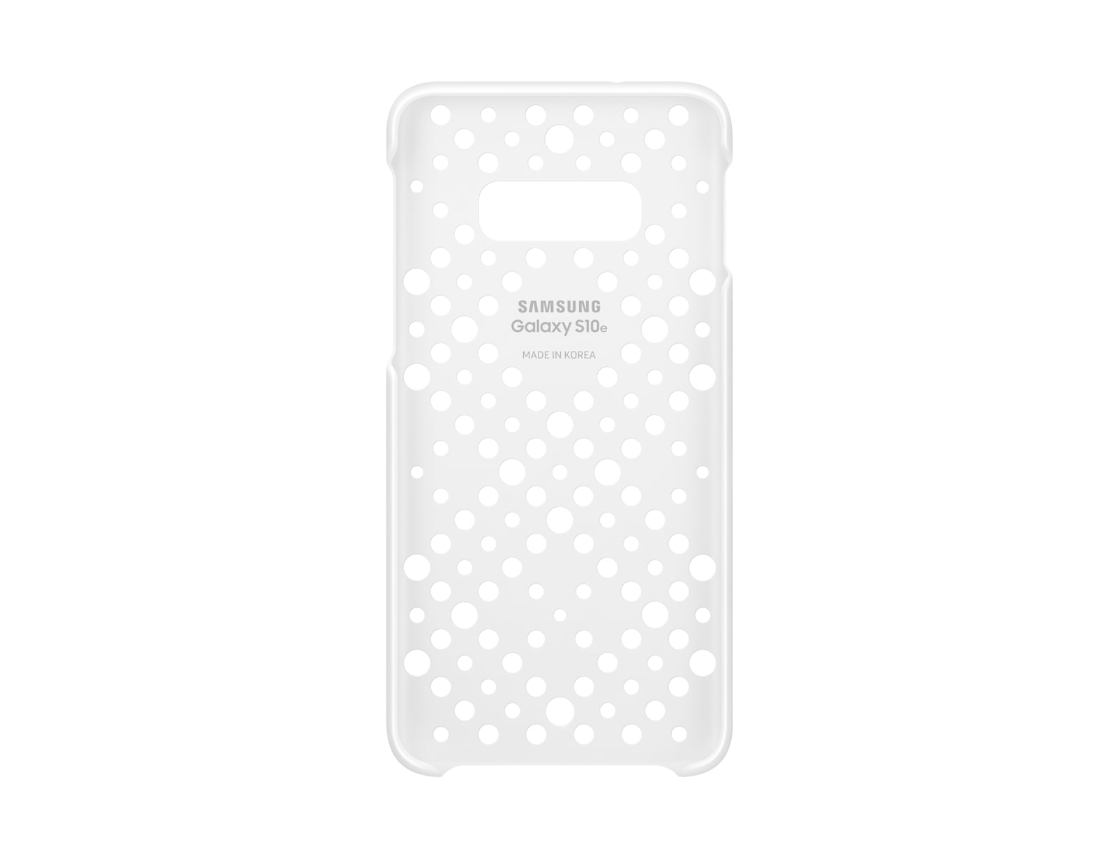 Custodia trasparente con fori per Samsung Galaxy S10e, su sfondo bianco.