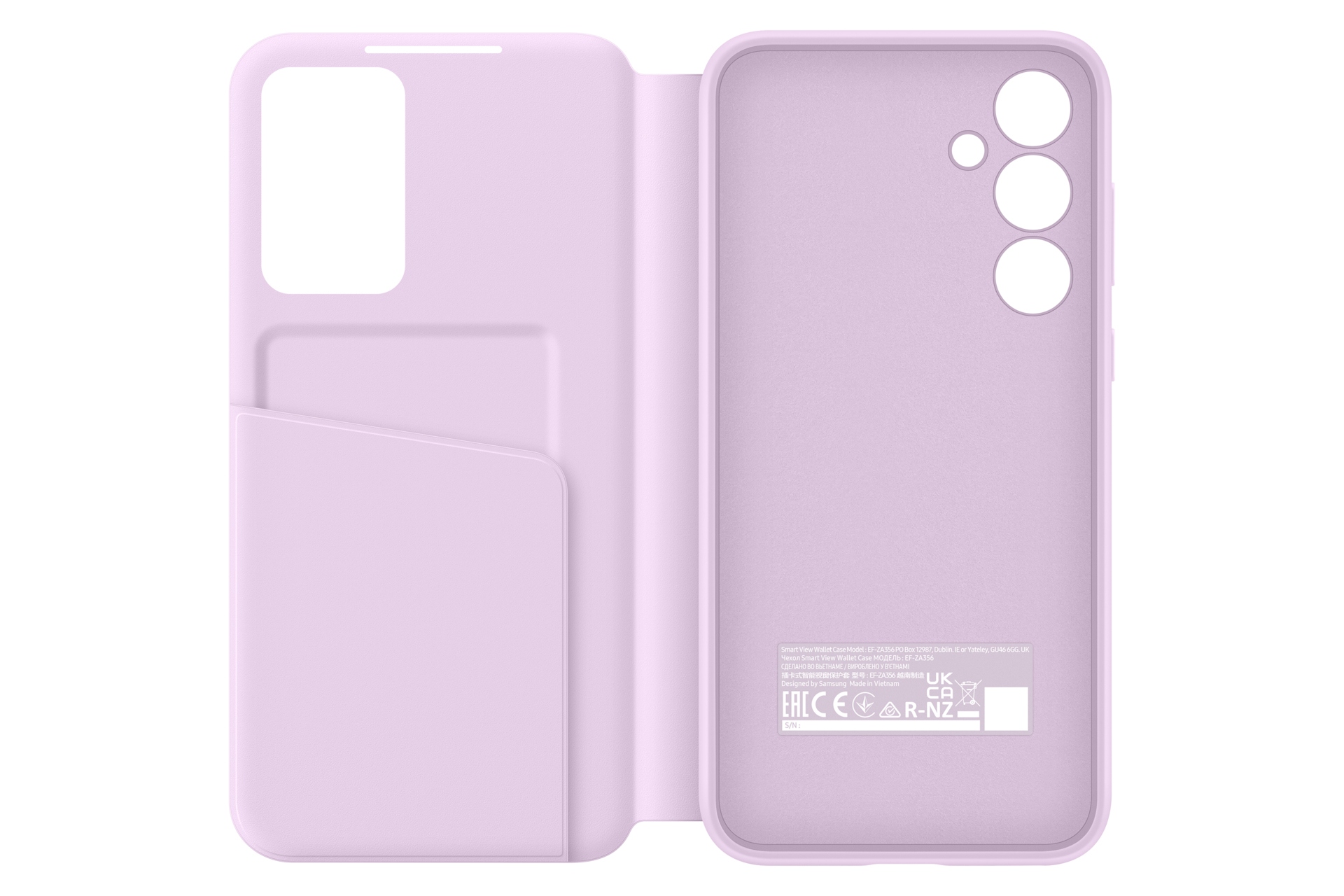 Funda de teléfono púrpura abierta con ranura para tarjeta. El teléfono tiene tres lentes y una etiqueta blanca.