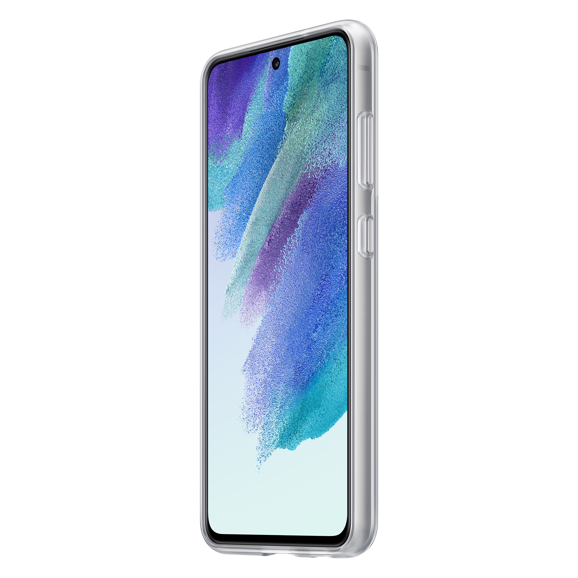 Smartphone in custodia trasparente, vista angolata, sfondo bianco.