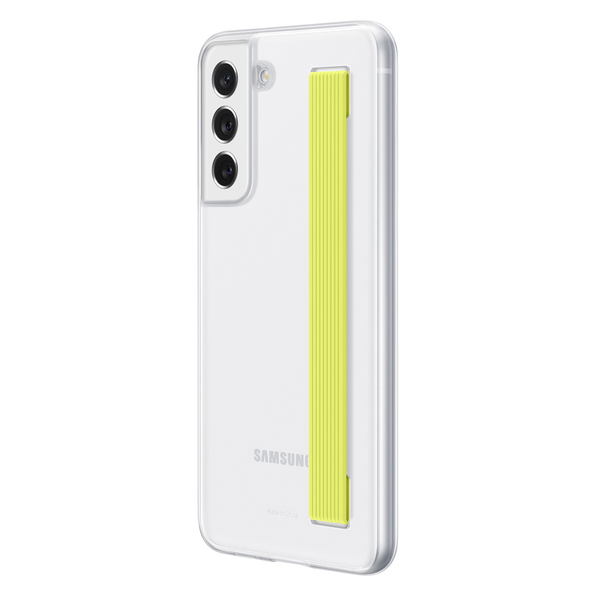 Custodia trasparente con cinturino giallo e logo Samsung.