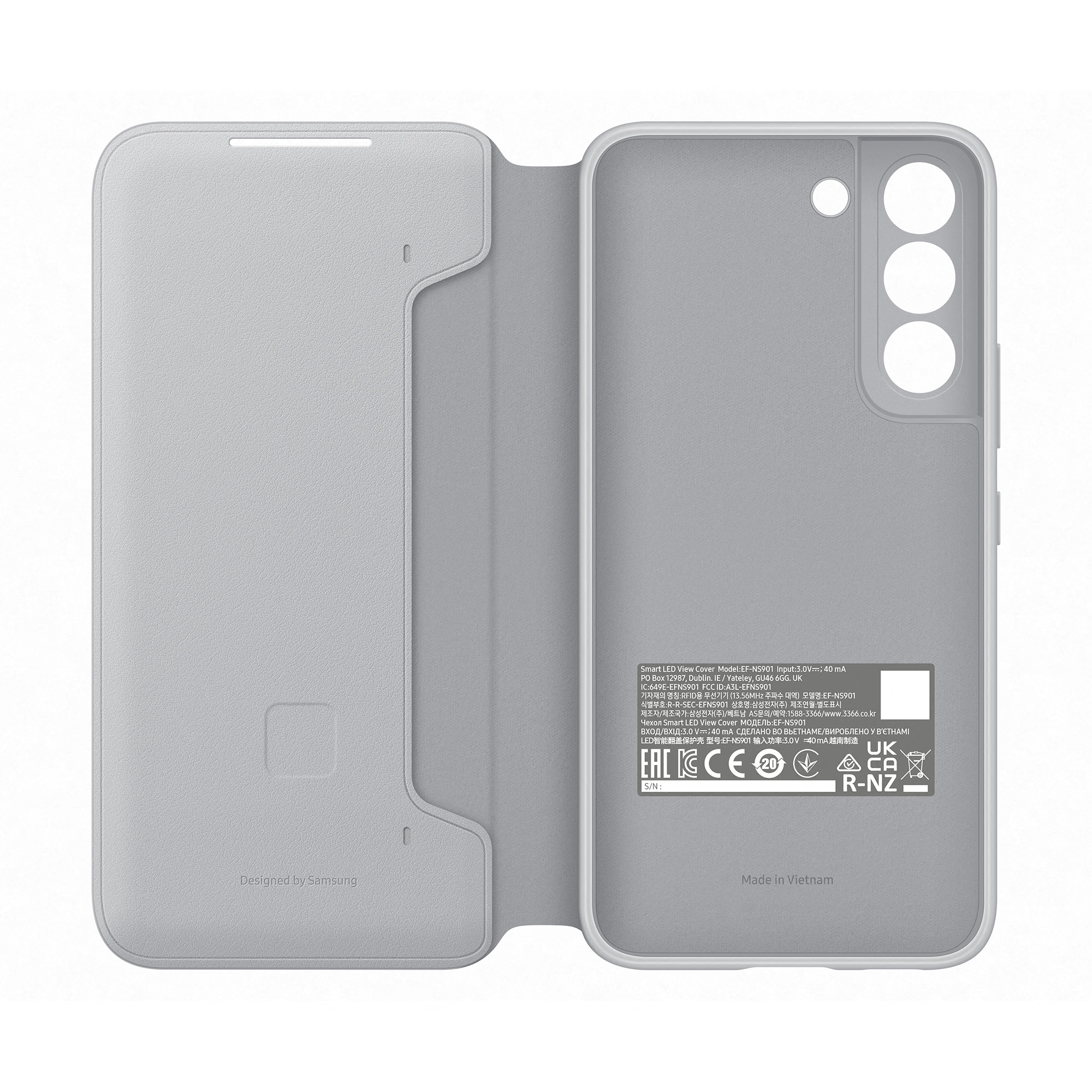 Una funda gris para teléfono Samsung. Detalles y etiquetas impresos en el interior de la funda.