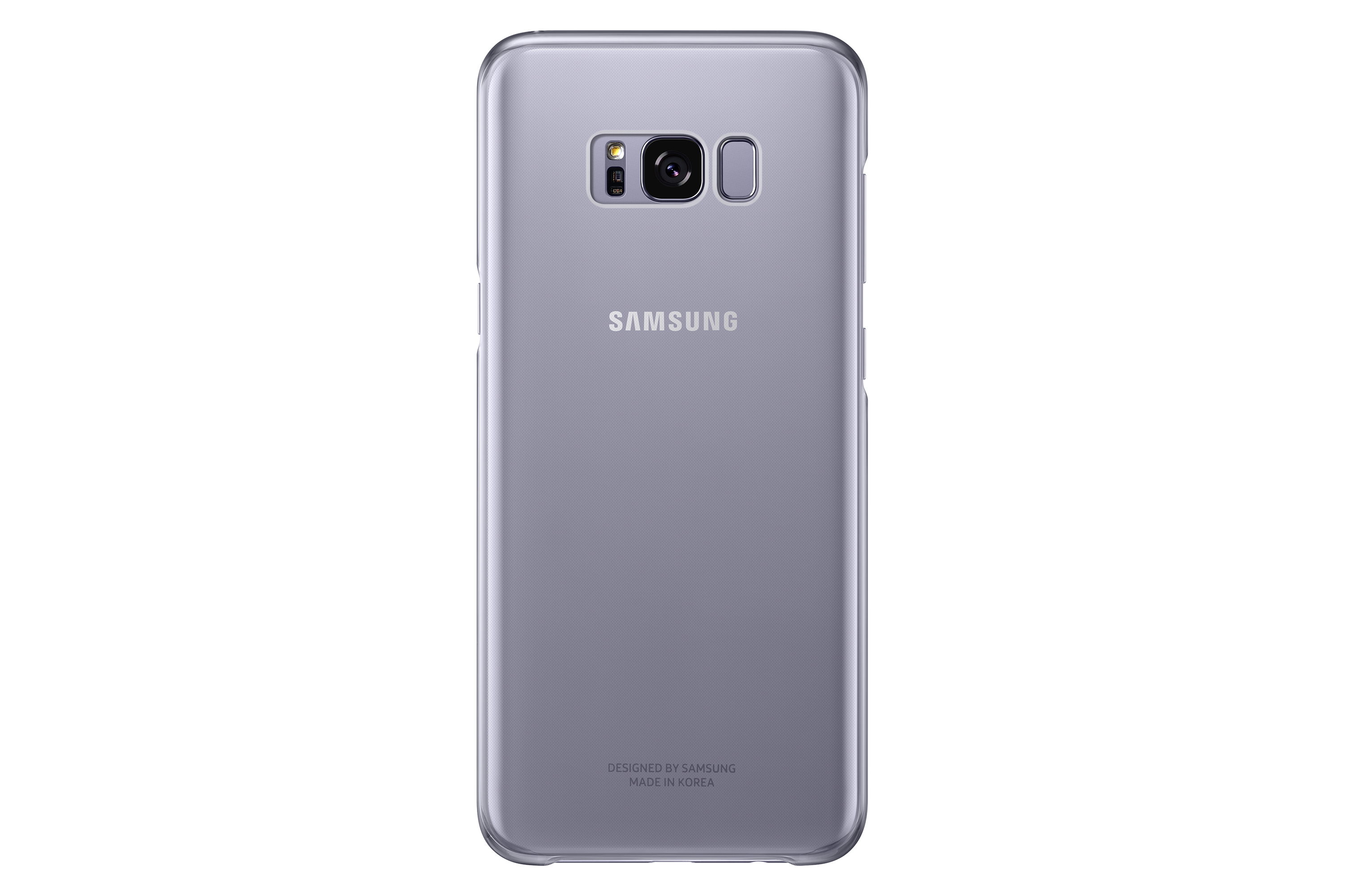 Telefono grigio visto da dietro con logo Samsung. Sfondo bianco.