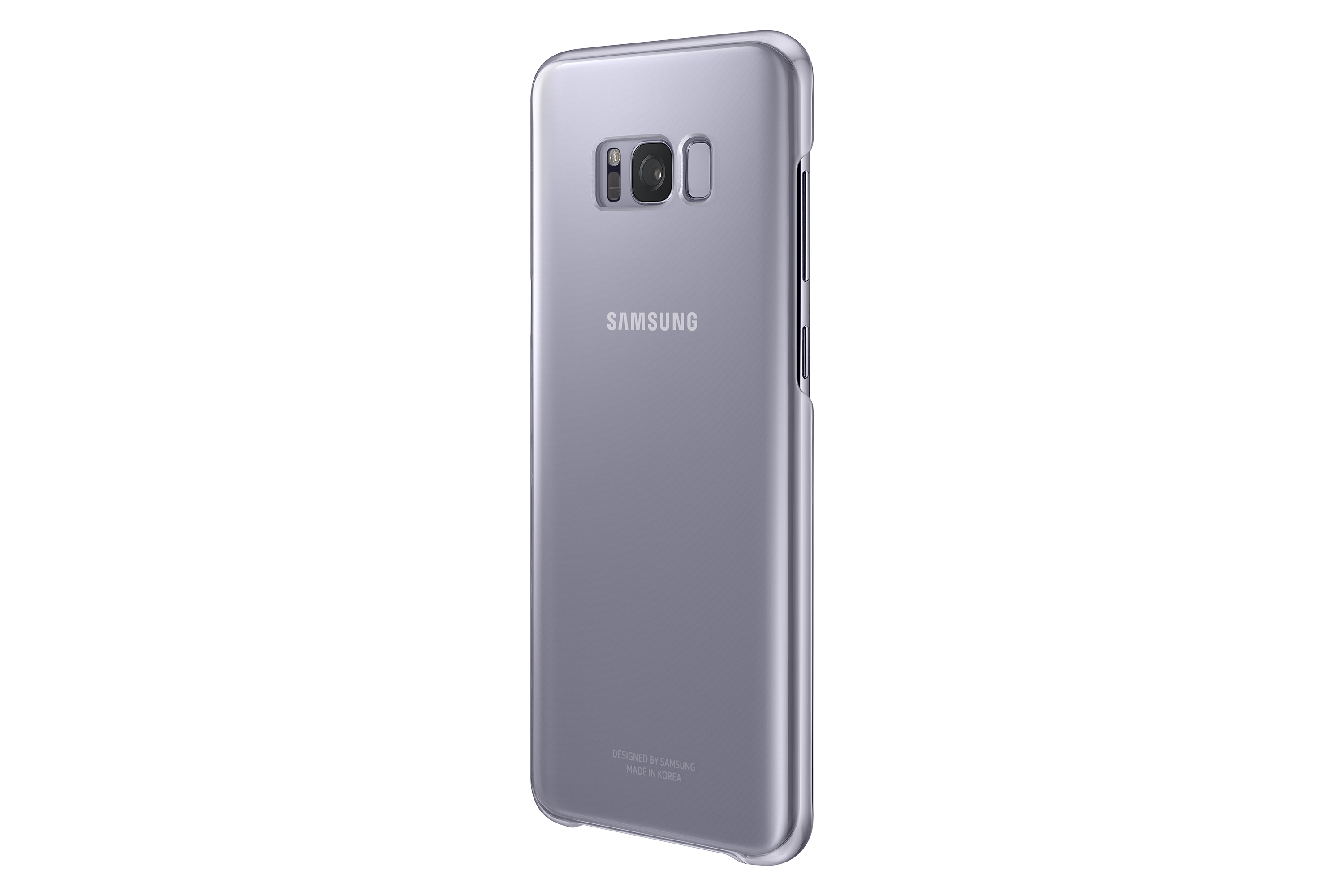 Una custodia grigia per telefono con il logo Samsung e ritaglio della fotocamera, su sfondo bianco.