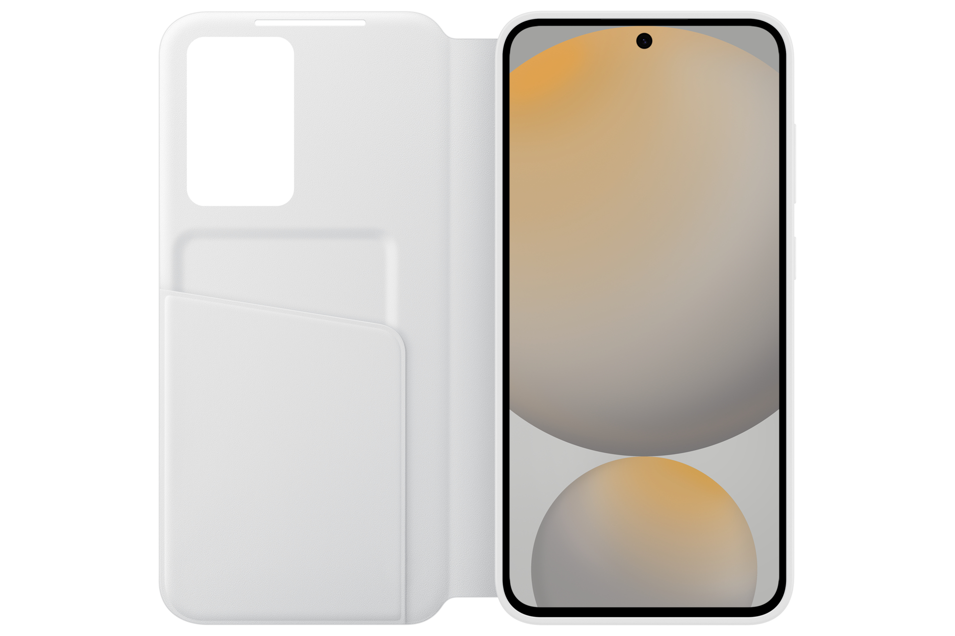 Witte telefoonhoes, open, met een telefoon erin. Het scherm toont een wazige afbeelding.