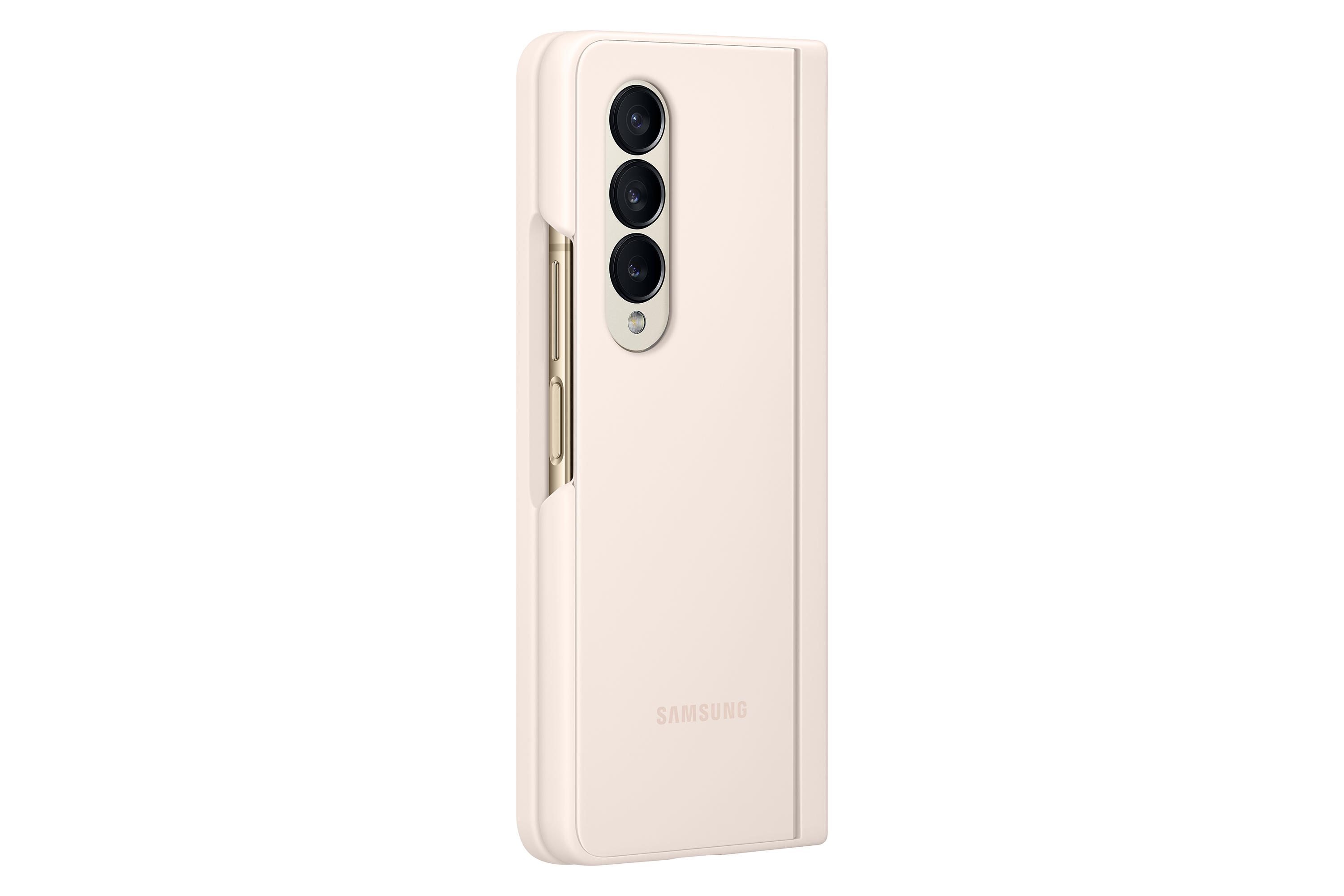 Una custodia per telefono rosa chiaro con tre lenti.