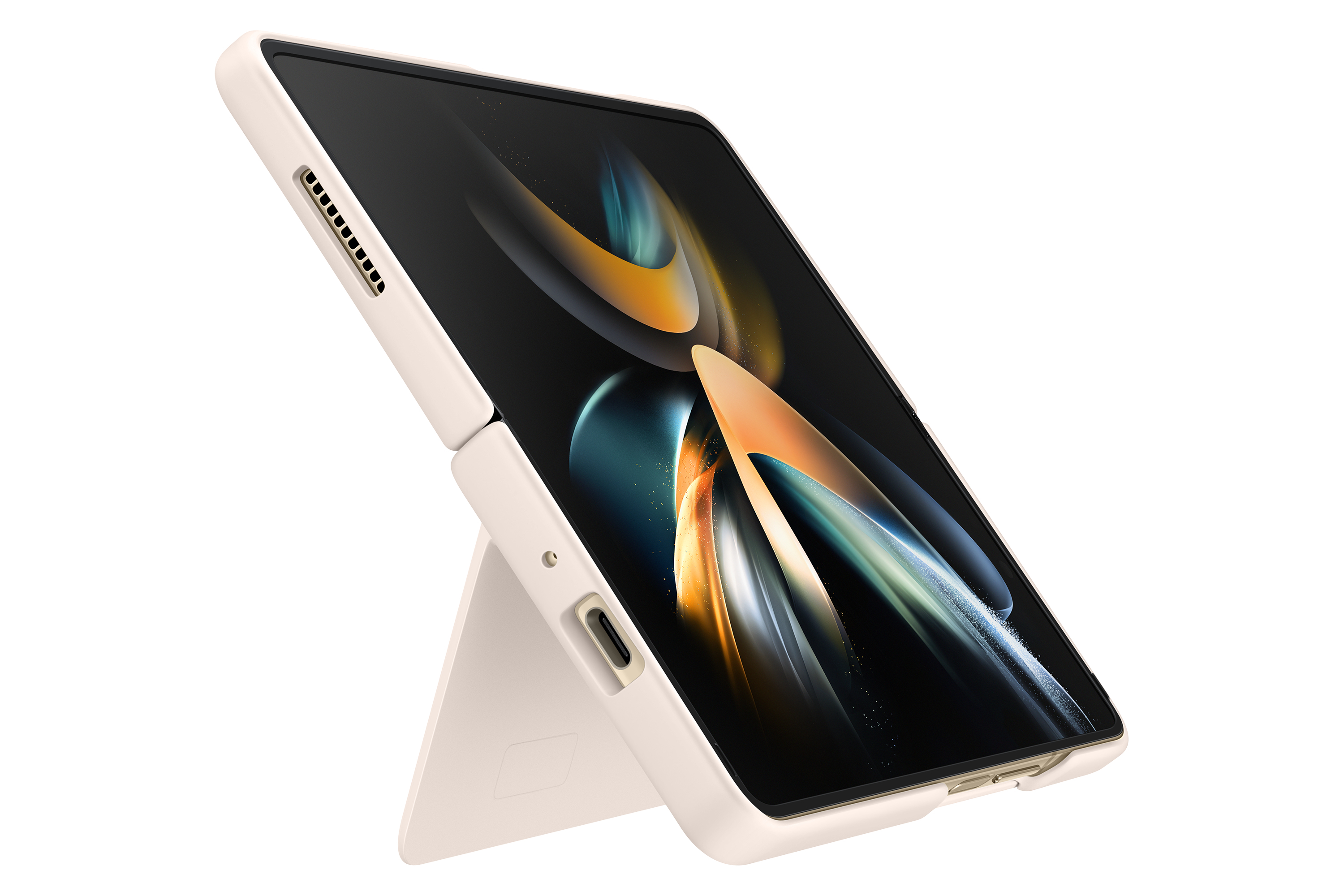 Tablet pieghevole in una custodia, aperto ad angolo su sfondo bianco.