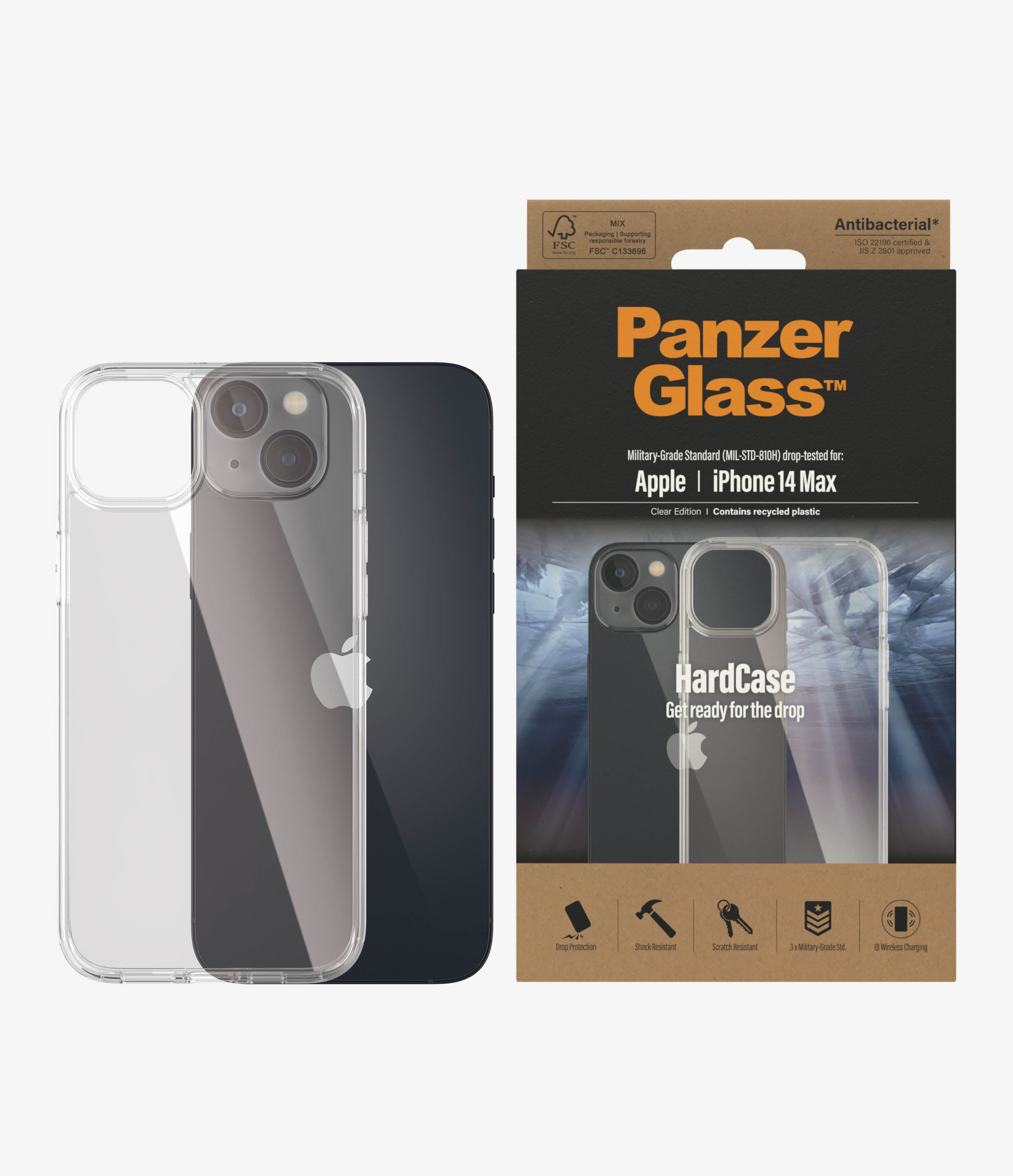 Un telefono con custodia trasparente e una scatola con testo HardCase e modello di telefono.