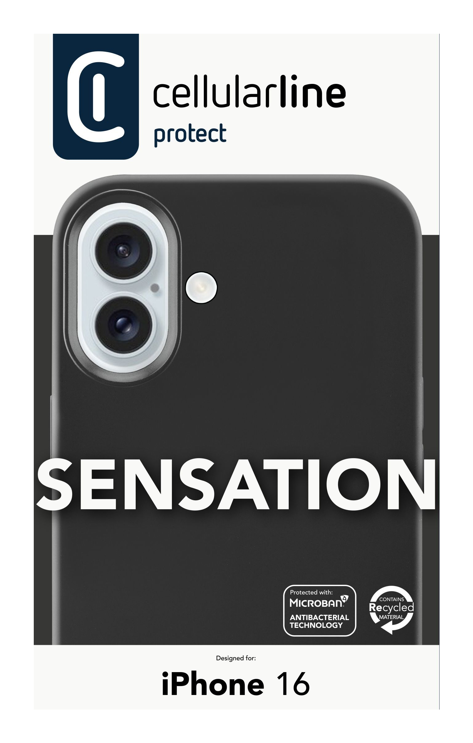 Confezione custodia telefono nera con testo: Sensation, iPhone 16 e loghi.
