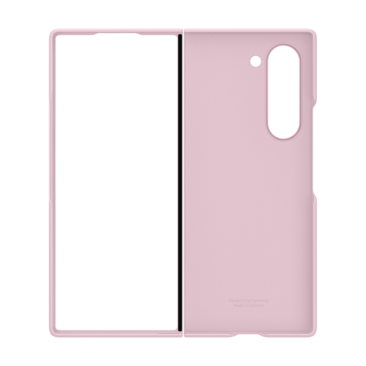 Una custodia per telefono rosa aperta che mostra l'interno con un design. C'è un foro per la fotocamera.