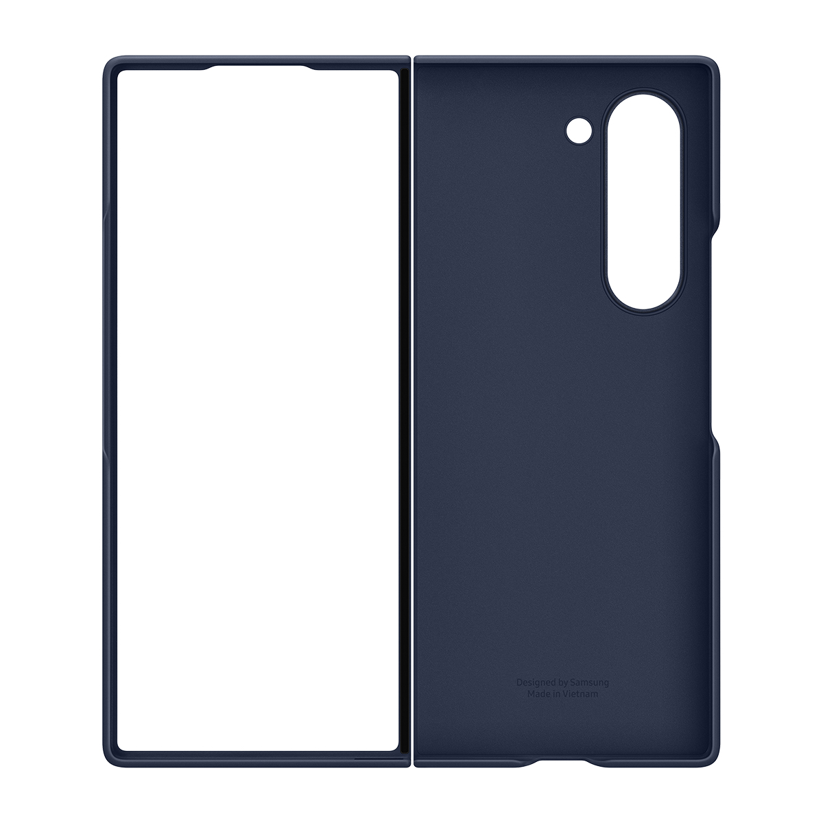 Funda azul marino, abierta. El interior es blanco. El logotipo y el texto de Samsung son visibles.