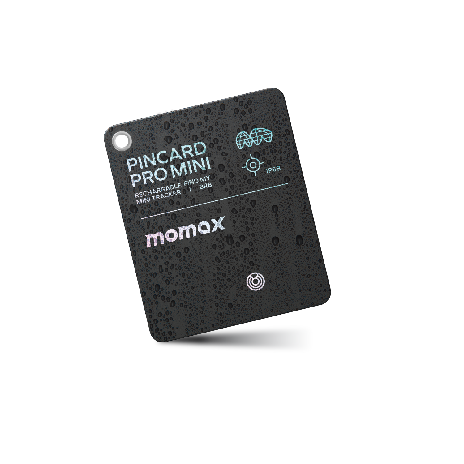Black, rectangular tracker with a momax logo. It has a small loop for attaching.