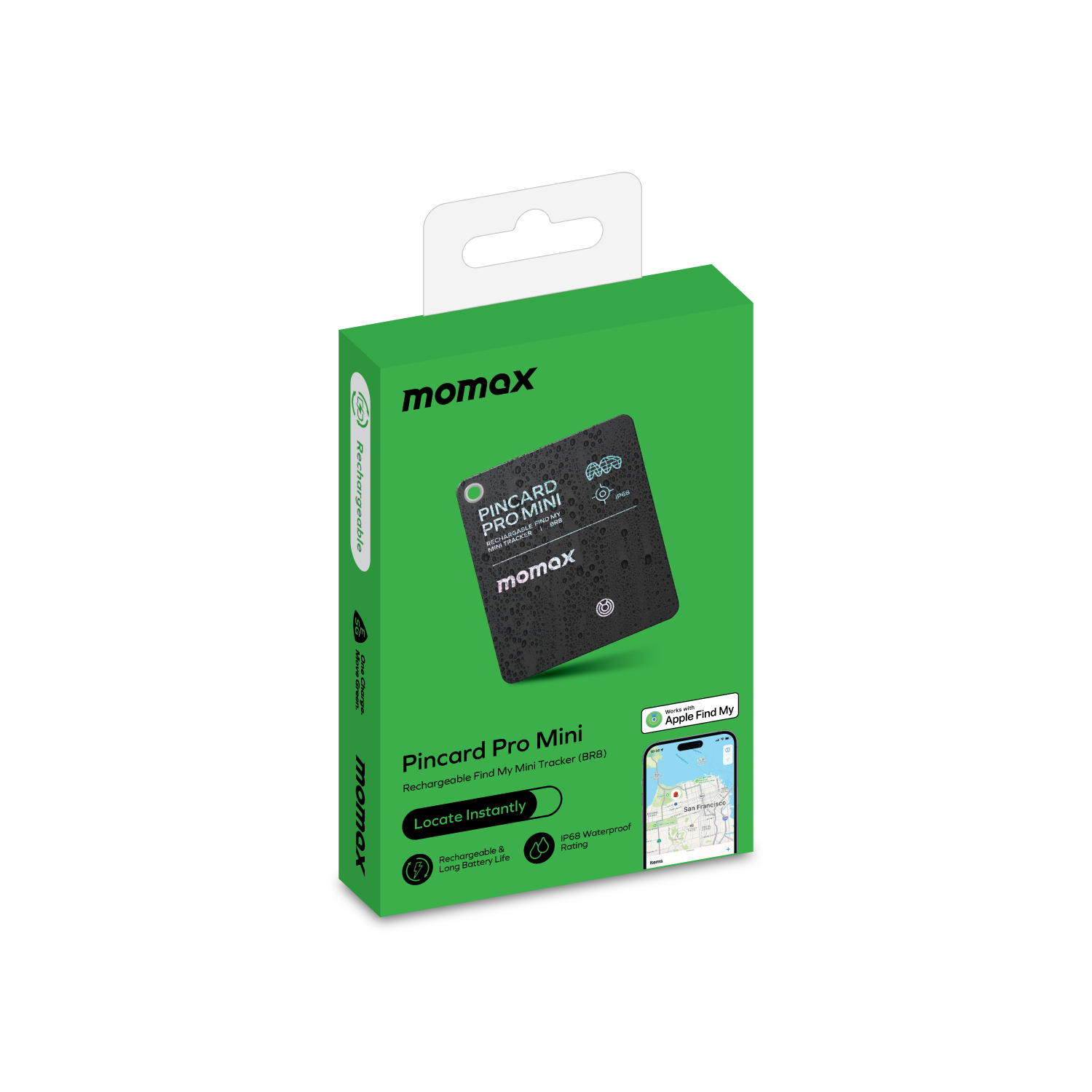 Green box with 'momax' and product details, including a black tracker.