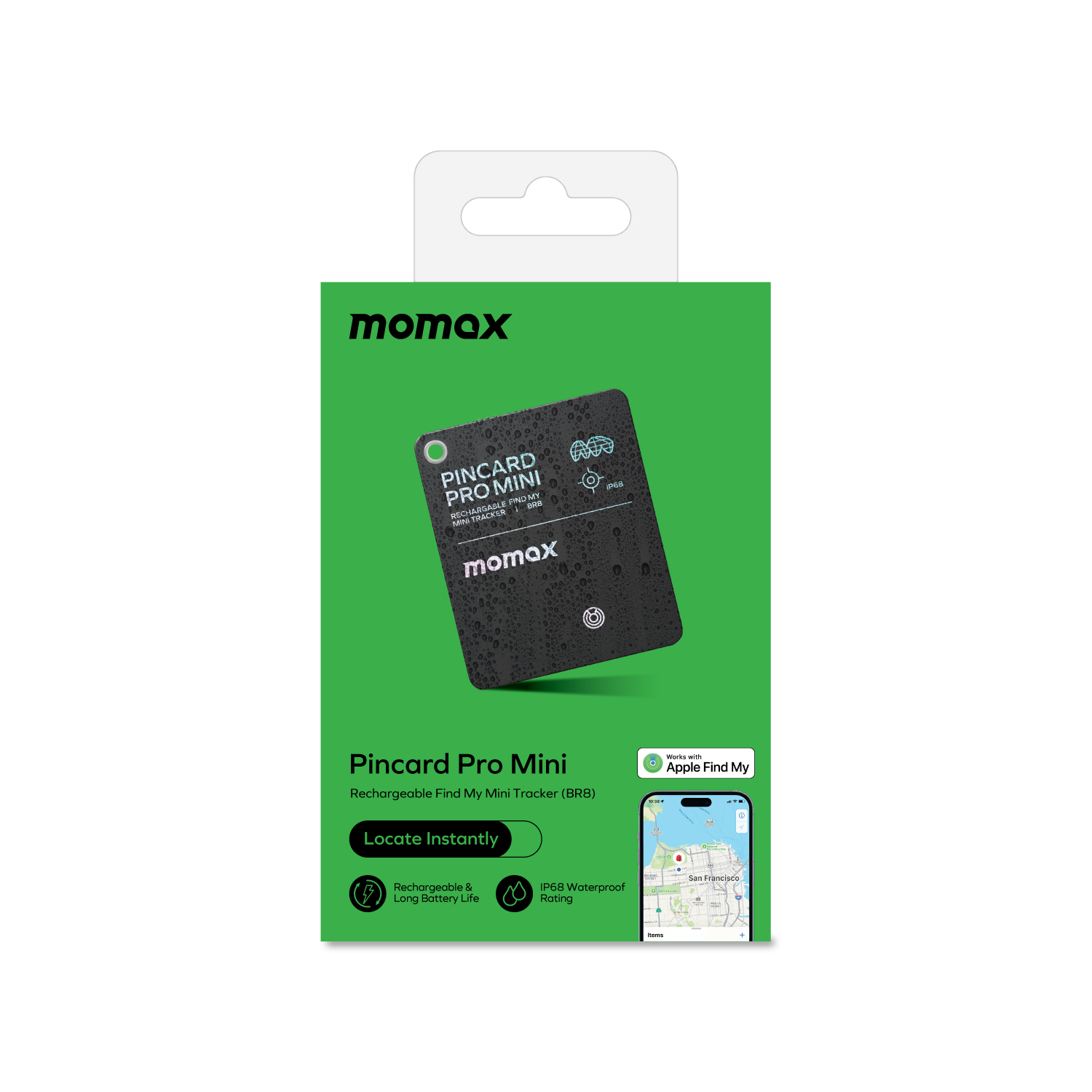Black and green box with Momax logo and text. Shows a mini tracker, with a map of SF.