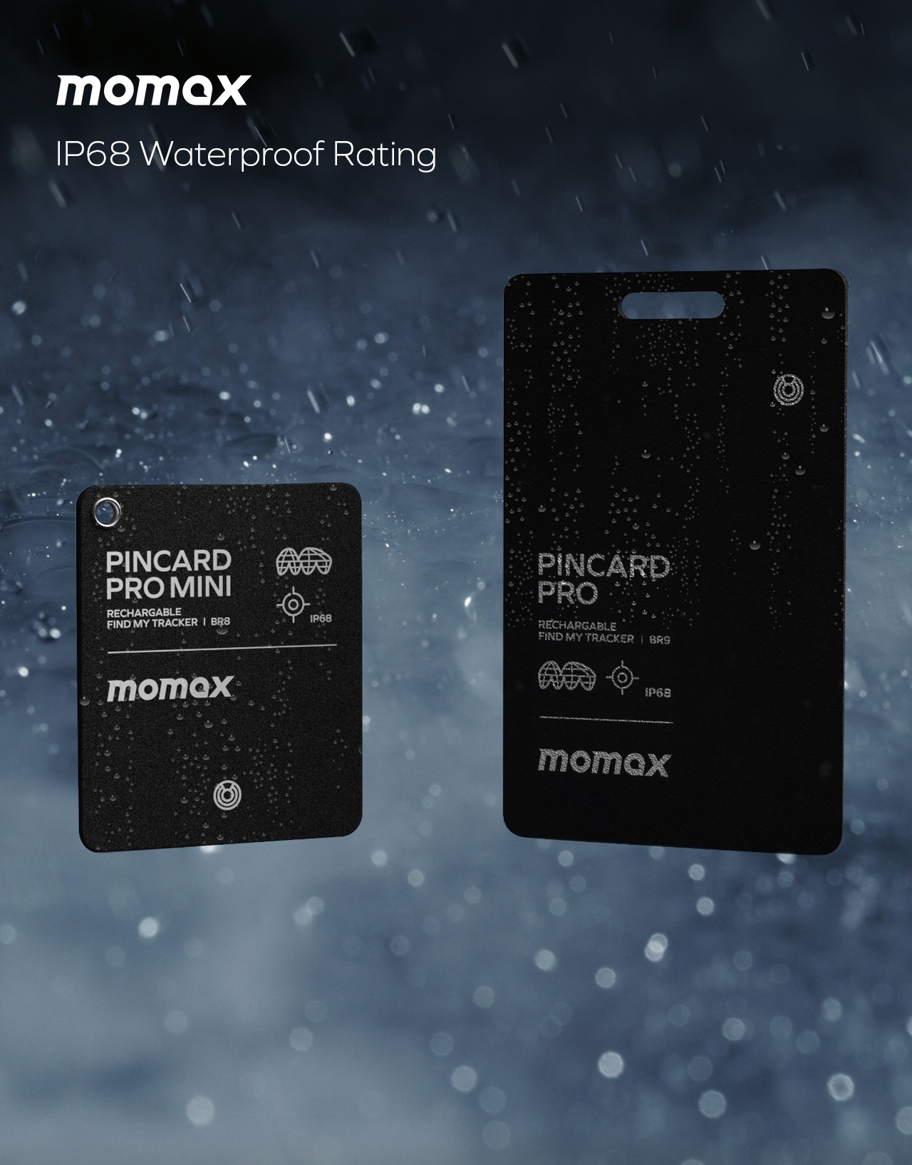 Two black momax Pincard Pro Mini and Pro trackers, water droplets, and rain.