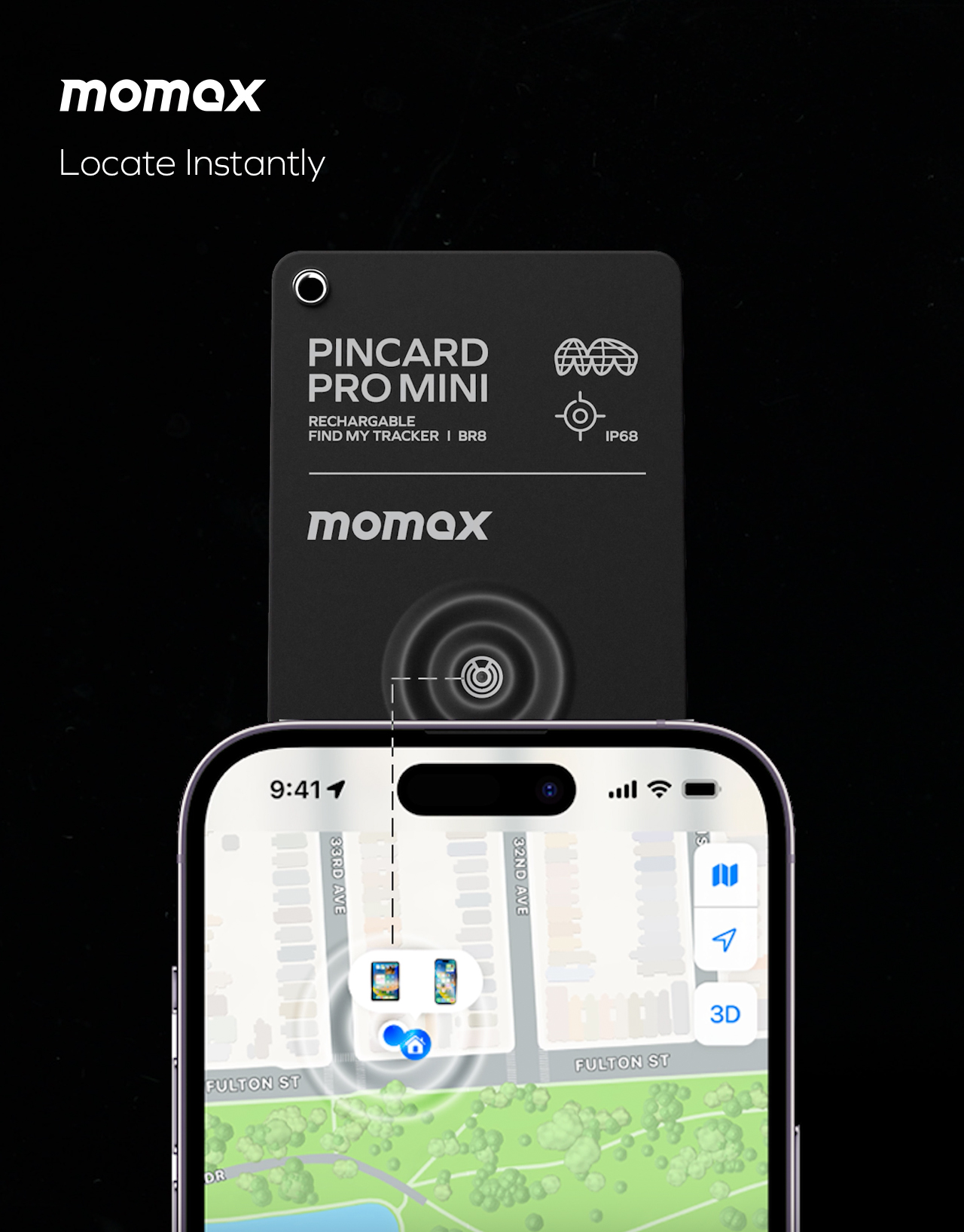 Phone shows tracker location on a map. Black tracker is floating above. Black background.