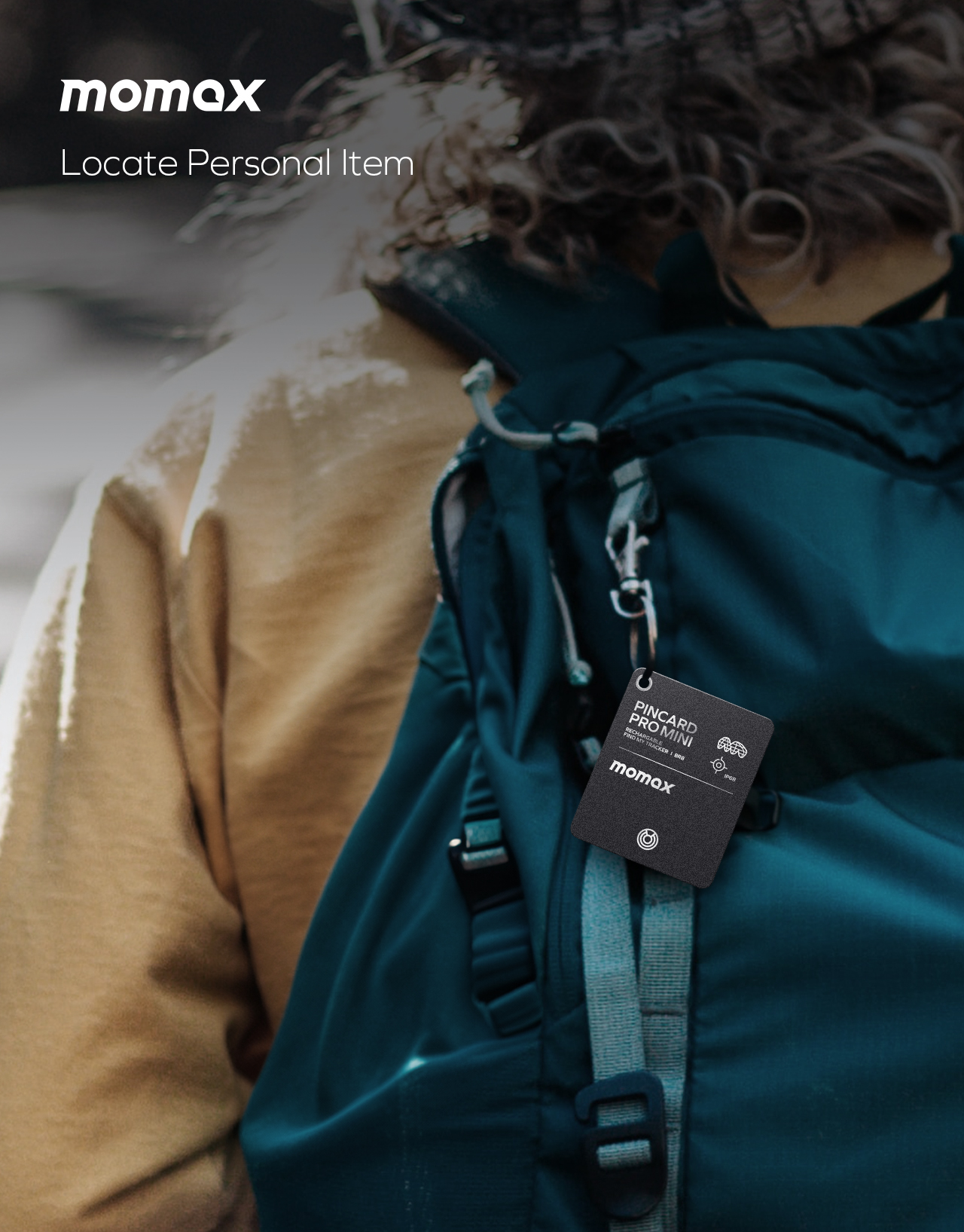 Black tracker hanging from backpack. The text says: Locate Personal Item. Green backpack.